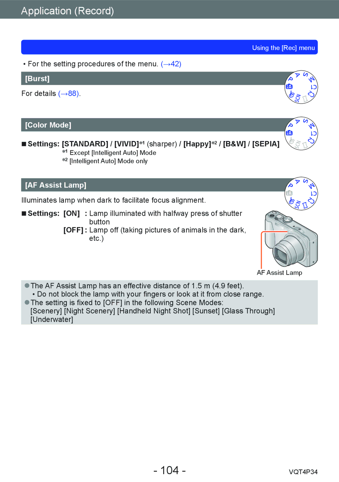 Panasonic DMC-TZ35 operating instructions 104, Burst, Color Mode, AF Assist Lamp 