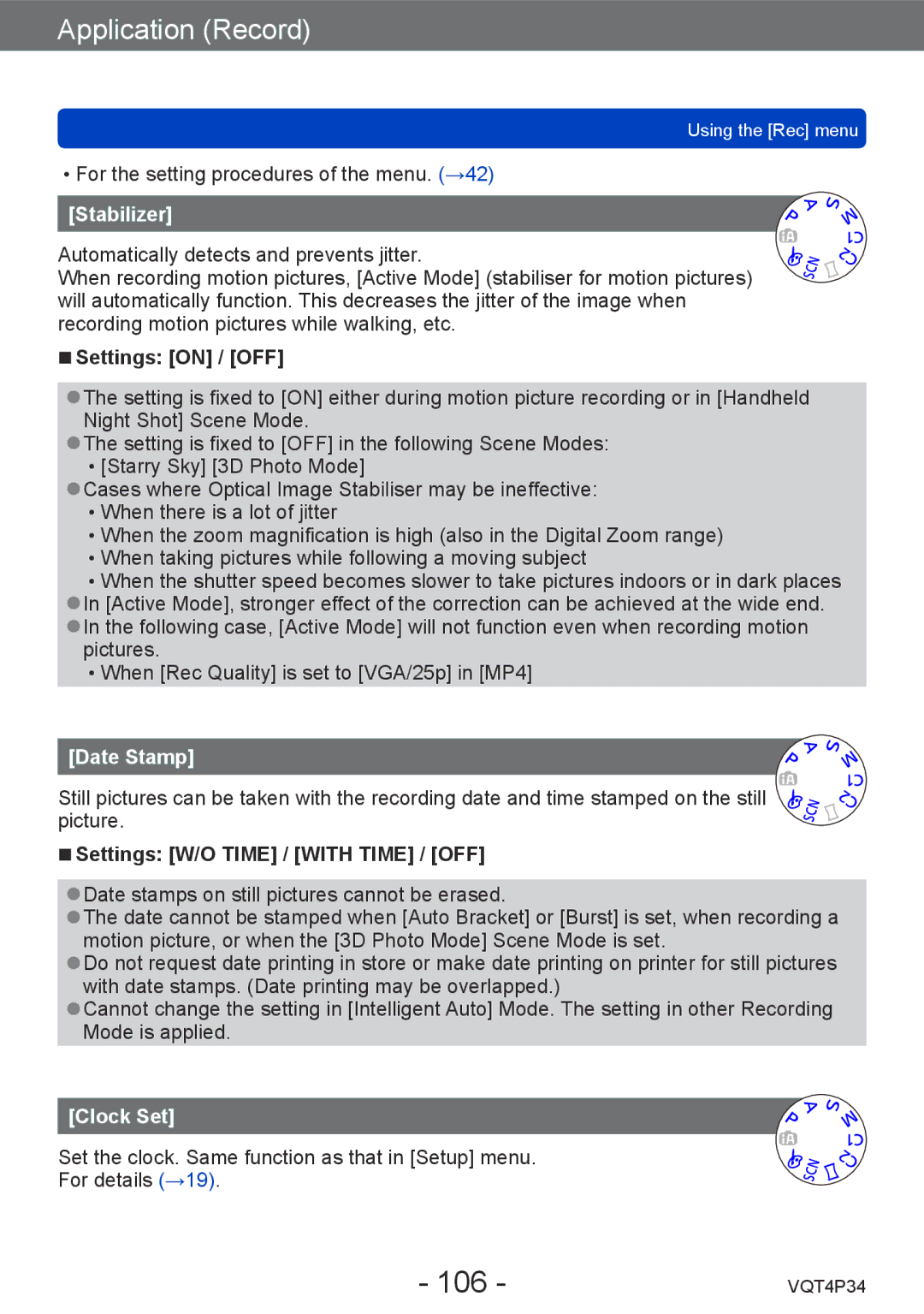 Panasonic DMC-TZ35 operating instructions 106, Stabilizer, Date Stamp, Settings W/O Time / with Time / OFF 