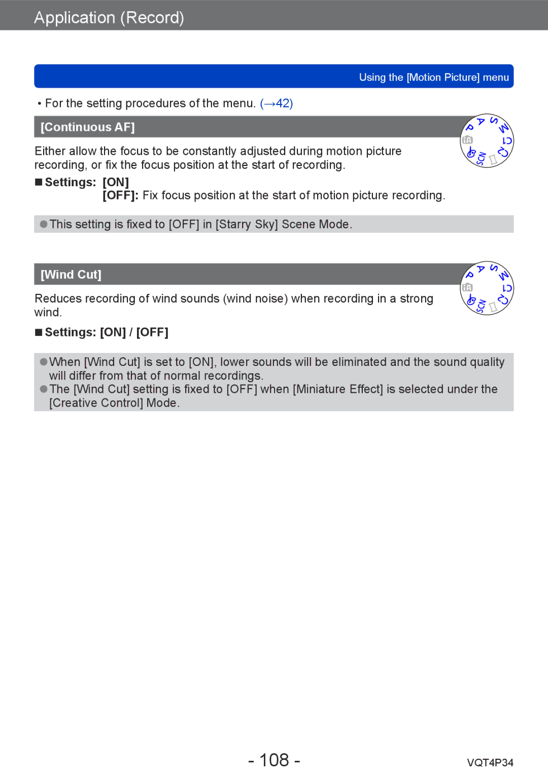 Panasonic DMC-TZ35 operating instructions 108, Continuous AF, Settings on, Wind Cut 