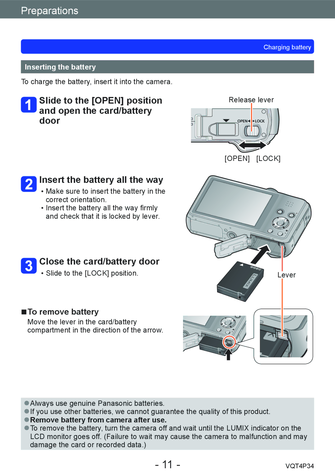 Panasonic DMC-TZ35 Slide to the Open position and open the card/battery door, Insert the battery all the way 