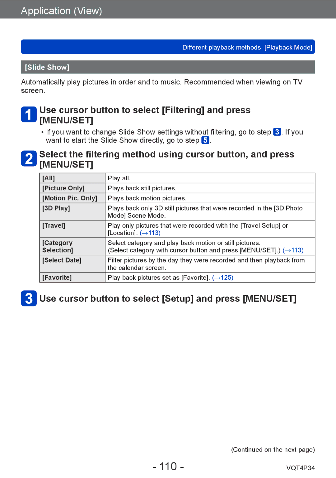 Panasonic DMC-TZ35 operating instructions 110, Use cursor button to select Filtering and press MENU/SET, Slide Show 