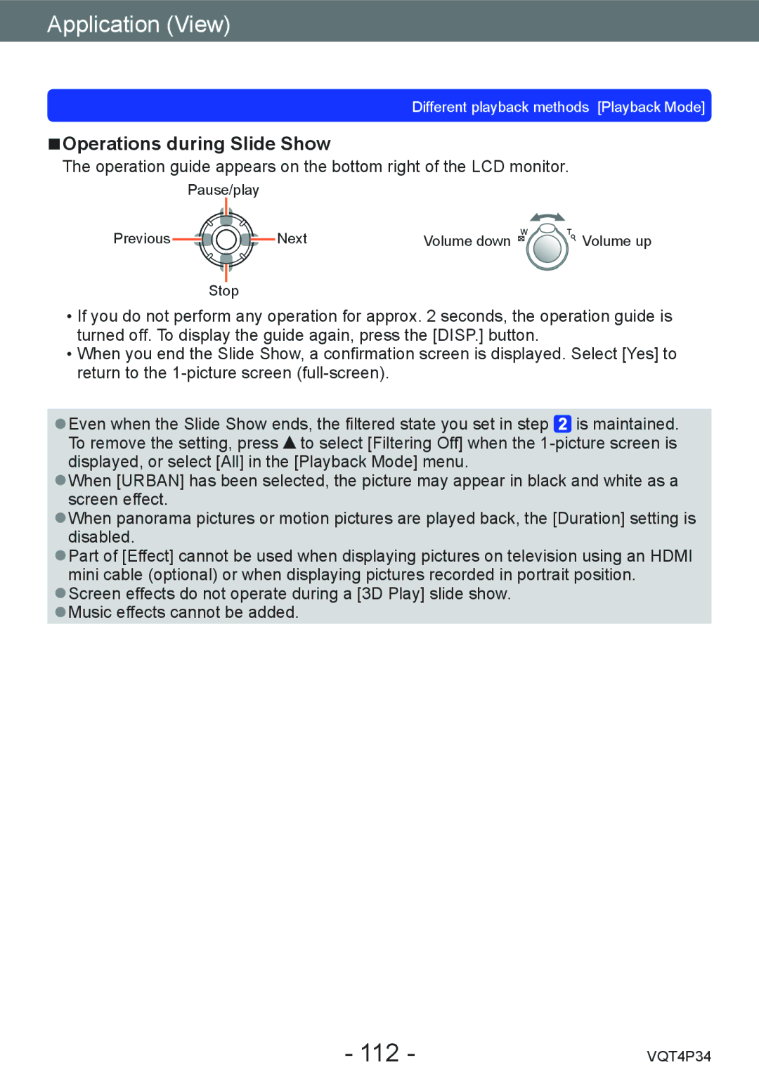 Panasonic DMC-TZ35 operating instructions 112, Operations during Slide Show 