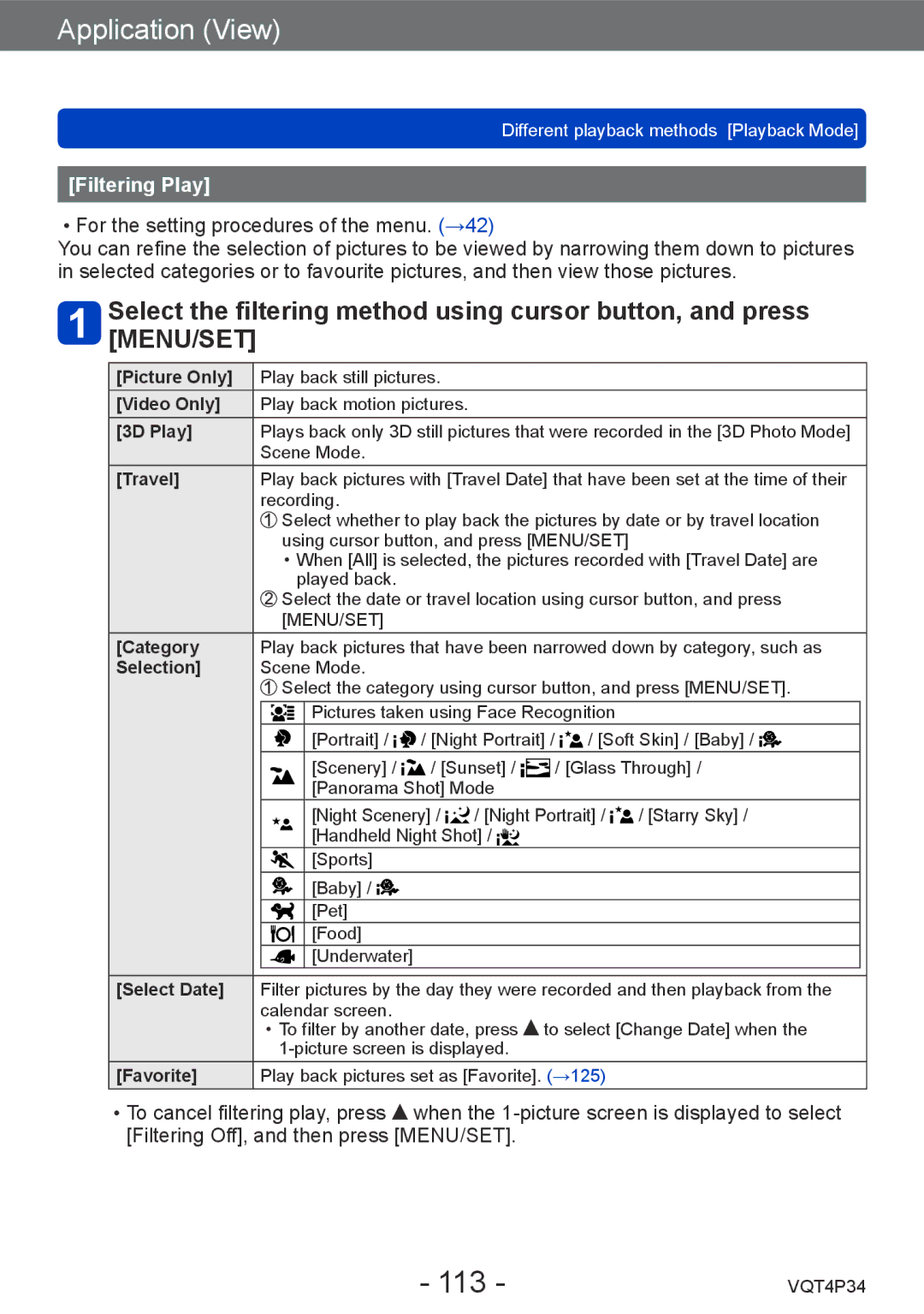 Panasonic DMC-TZ35 operating instructions 113, Filtering Play 