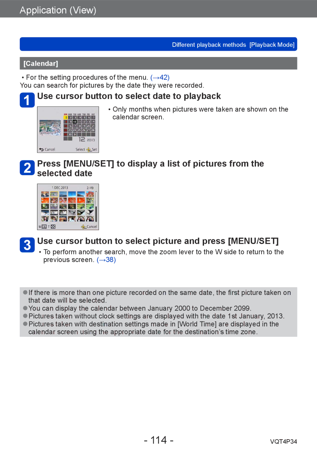 Panasonic DMC-TZ35 operating instructions 114, Use cursor button to select date to playback, Calendar 