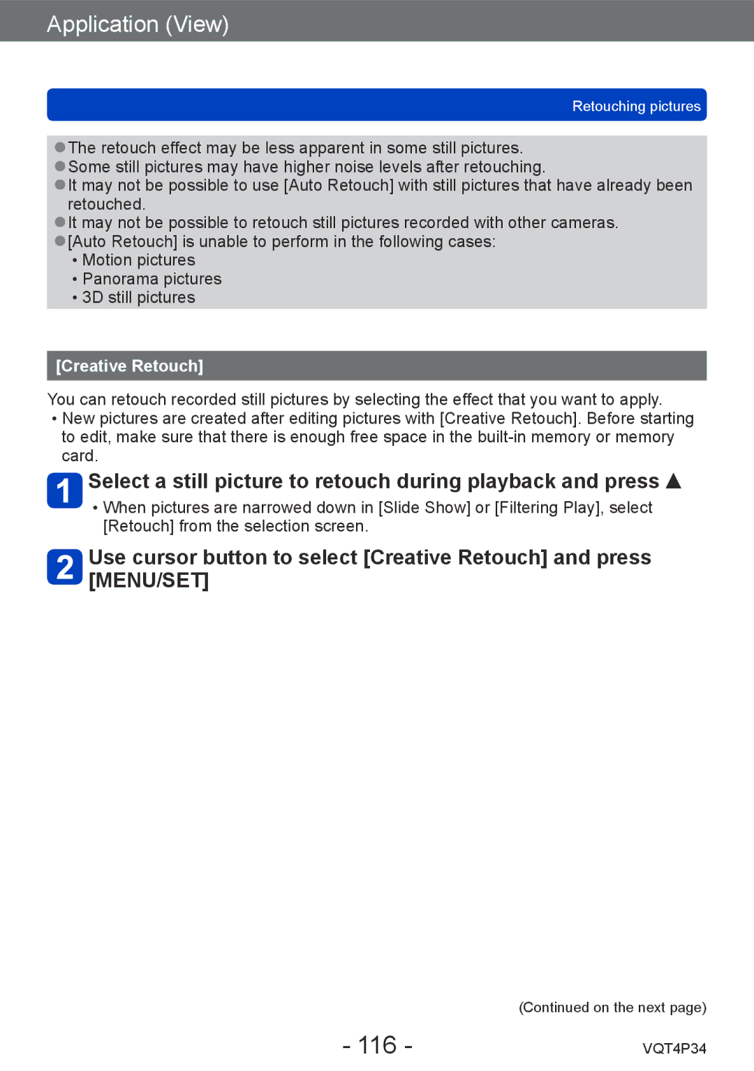 Panasonic DMC-TZ35 operating instructions 116, Creative Retouch 