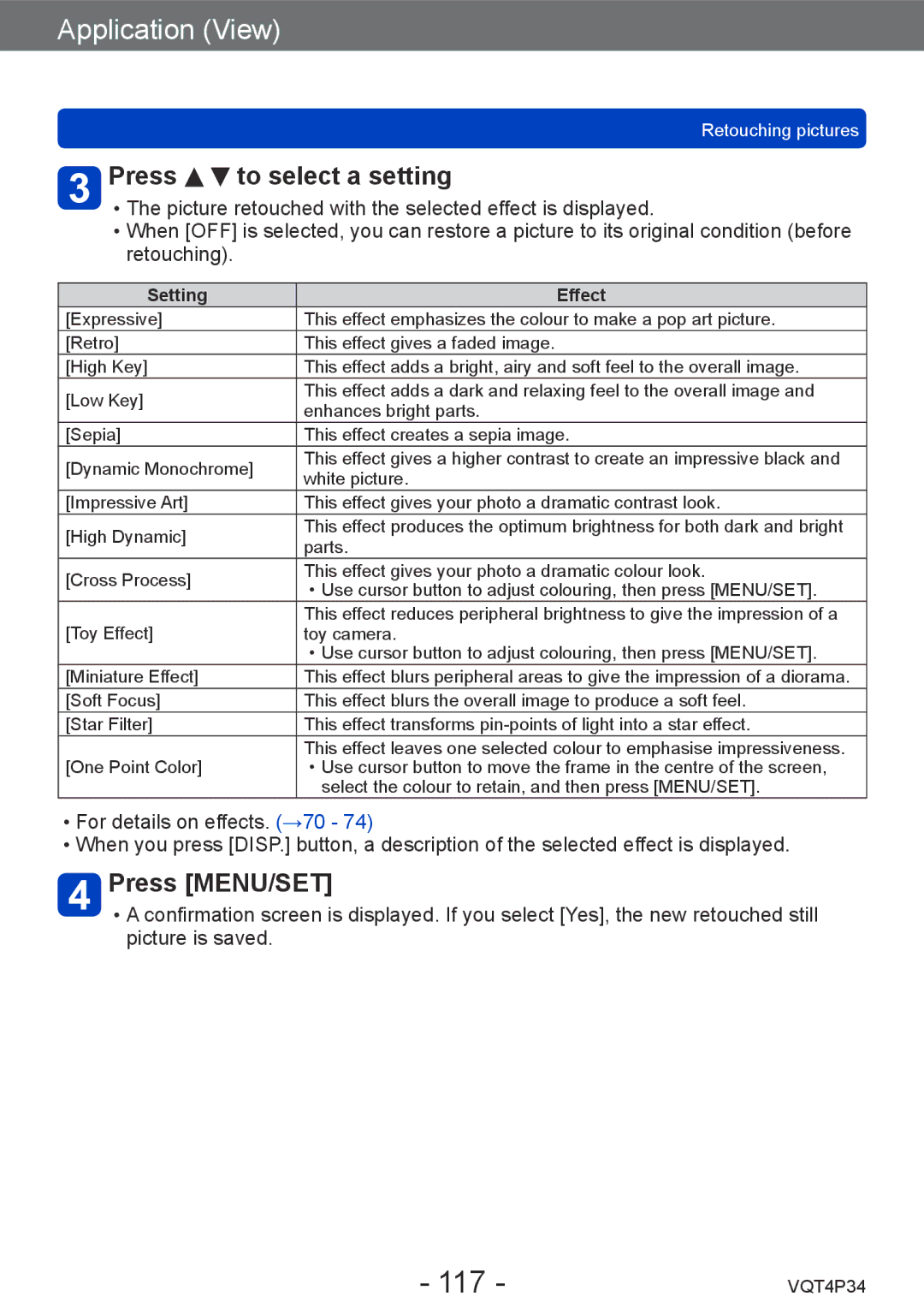 Panasonic DMC-TZ35 operating instructions 117, Press to select a setting 