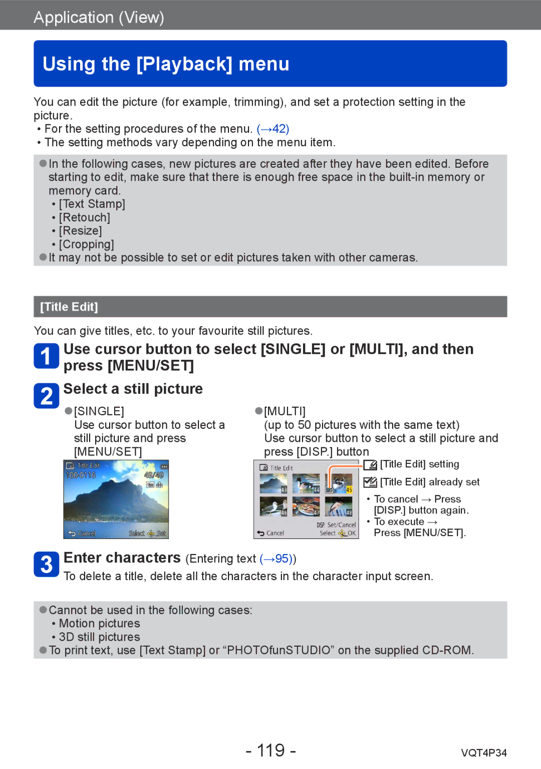 Panasonic DMC-TZ35 operating instructions Using the Playback menu, 119, Enter characters Entering text →95, Title Edit 