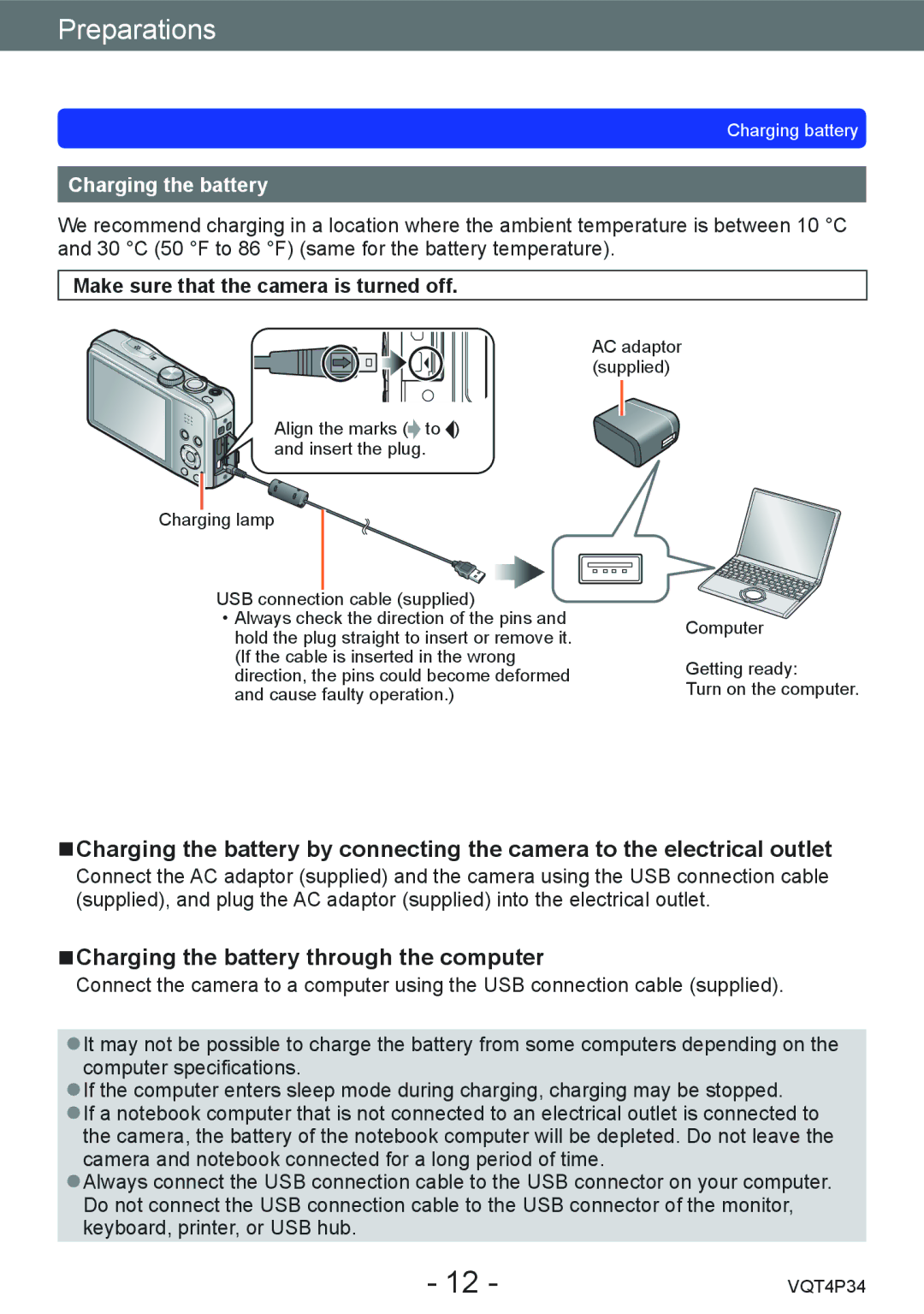 Panasonic DMC-TZ35 Charging the battery through the computer, Make sure that the camera is turned off 