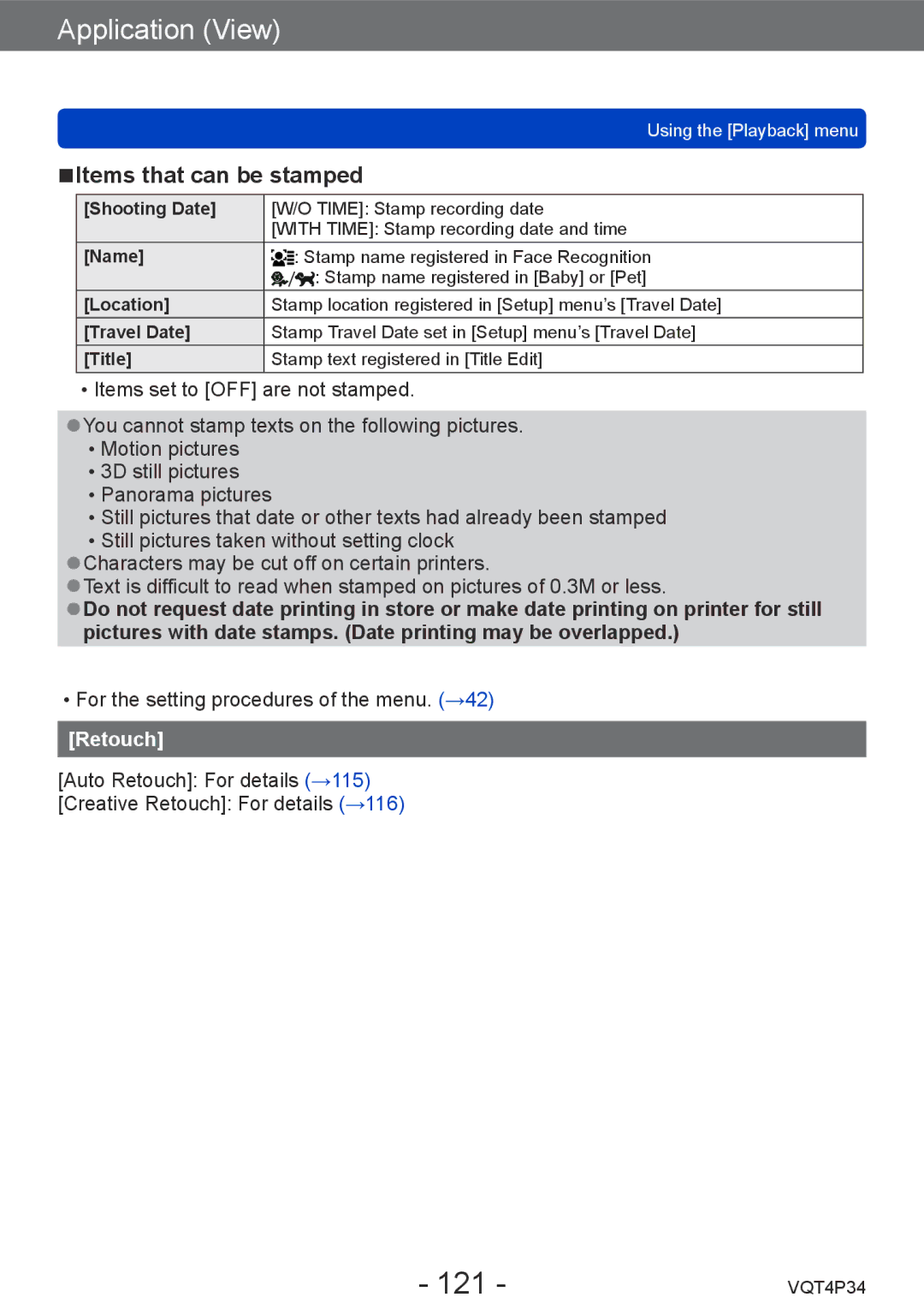 Panasonic DMC-TZ35 operating instructions 121, Items that can be stamped, Retouch 