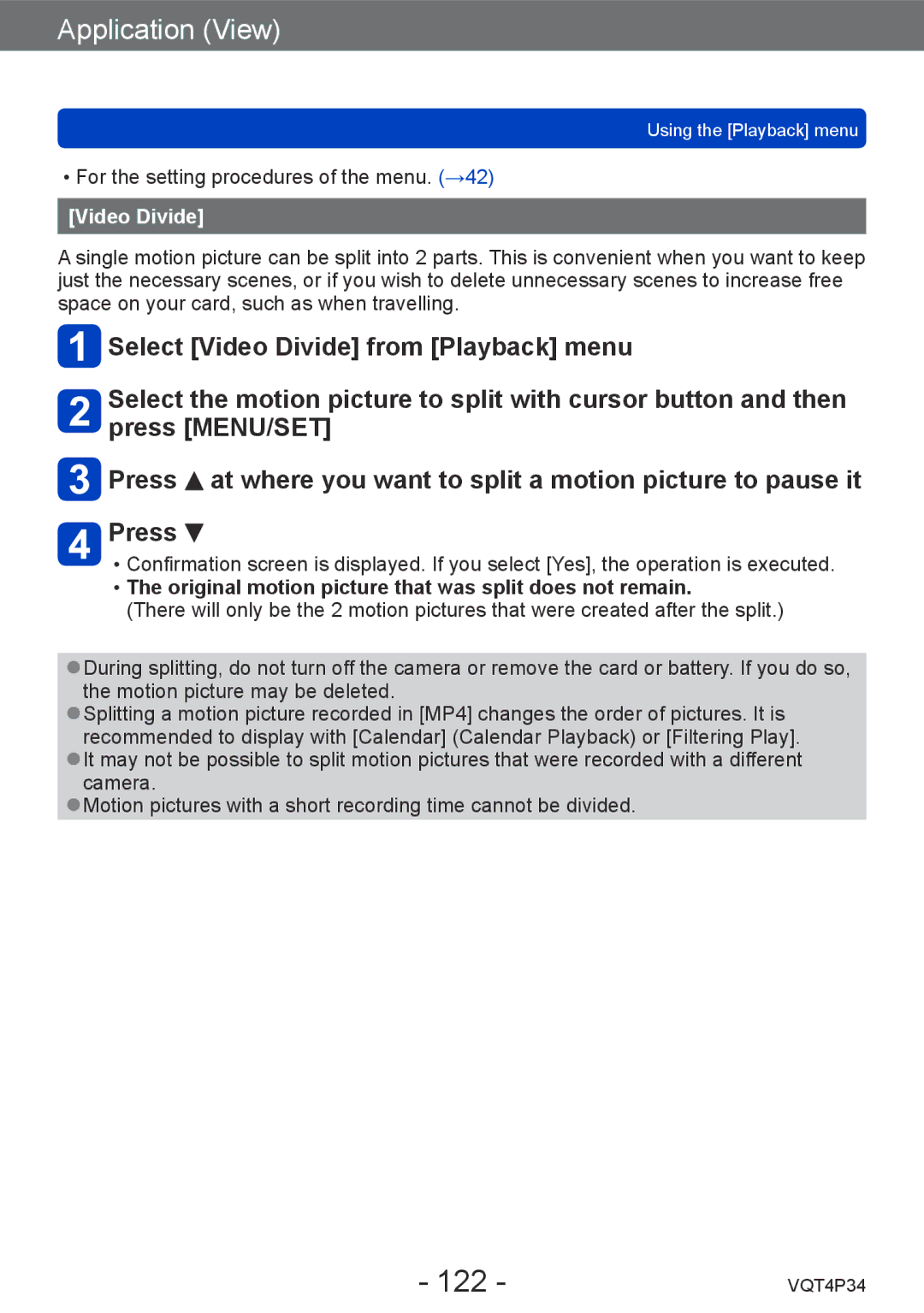 Panasonic DMC-TZ35 operating instructions 122, Video Divide 