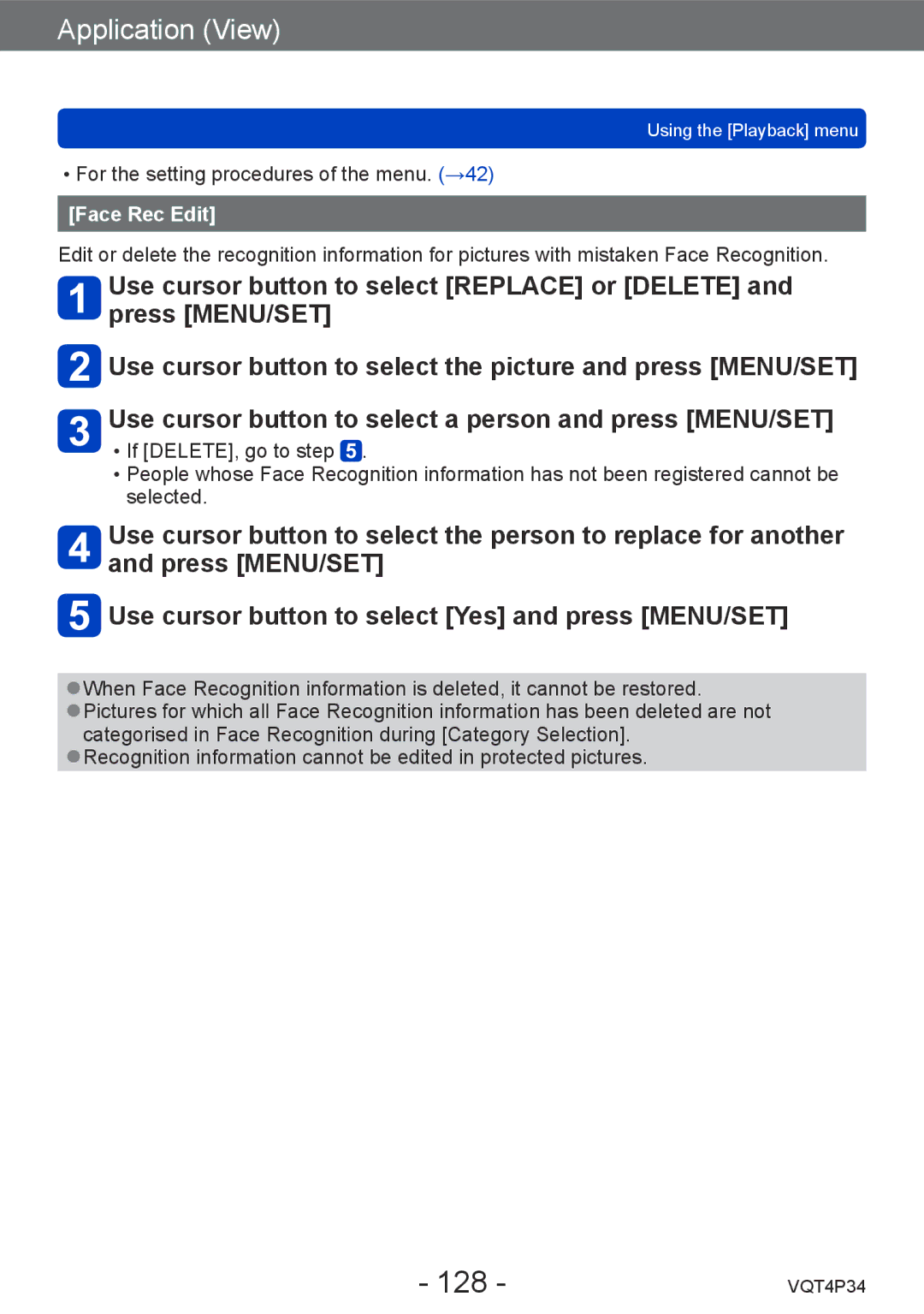 Panasonic DMC-TZ35 operating instructions 128, Face Rec Edit 