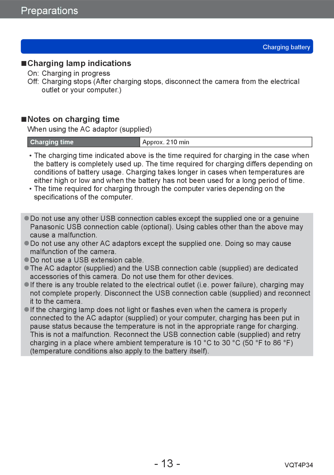 Panasonic DMC-TZ35 operating instructions Charging lamp indications 