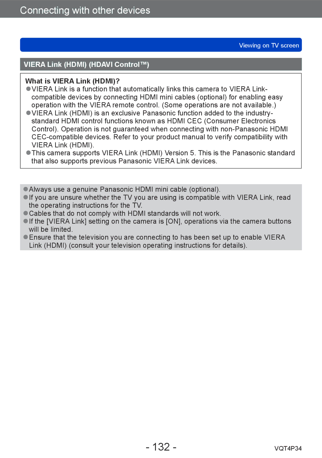 Panasonic DMC-TZ35 operating instructions 132, Viera Link Hdmi Hdavi Control, What is Viera Link HDMI? 