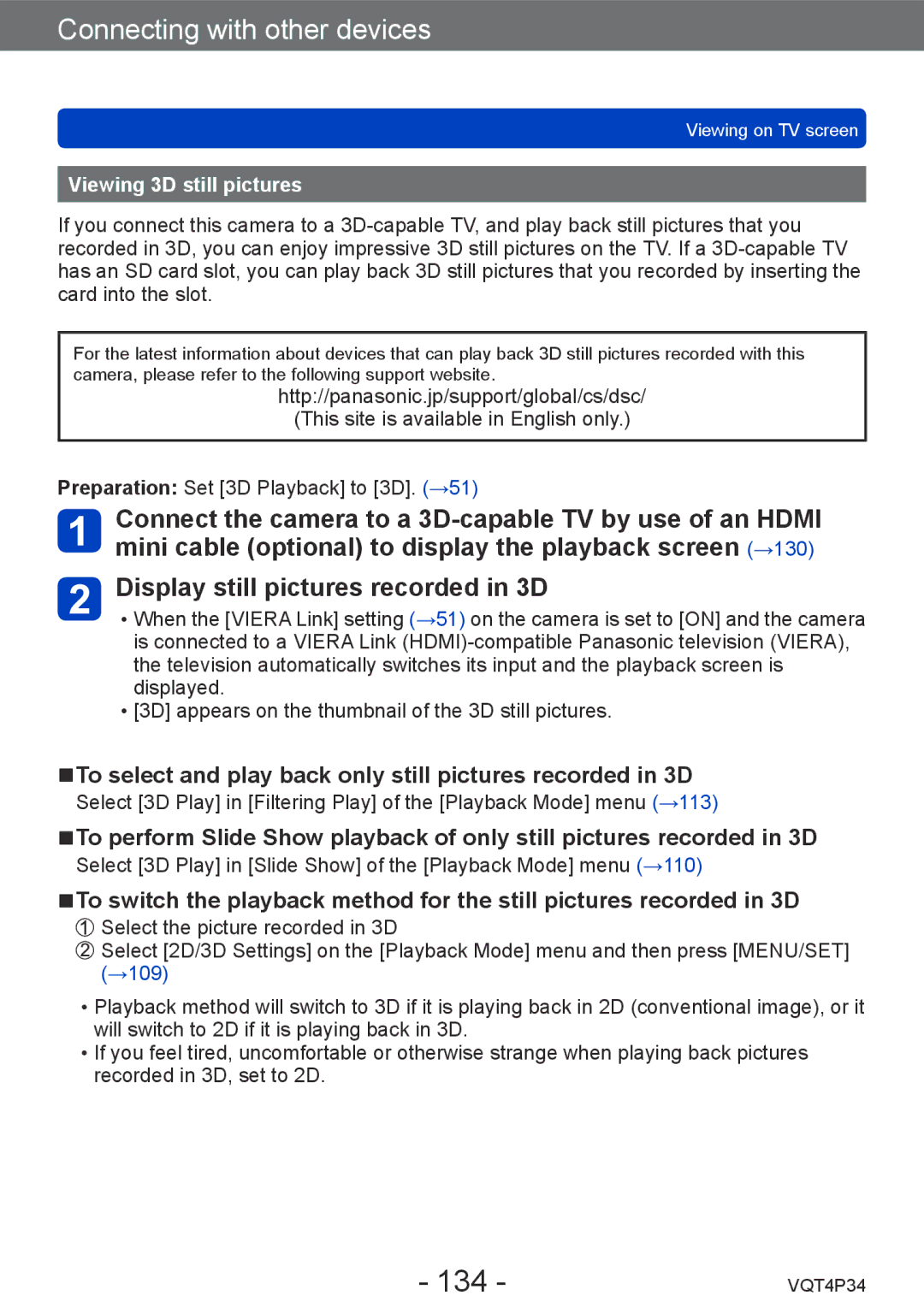 Panasonic DMC-TZ35 134, To select and play back only still pictures recorded in 3D, Viewing 3D still pictures 