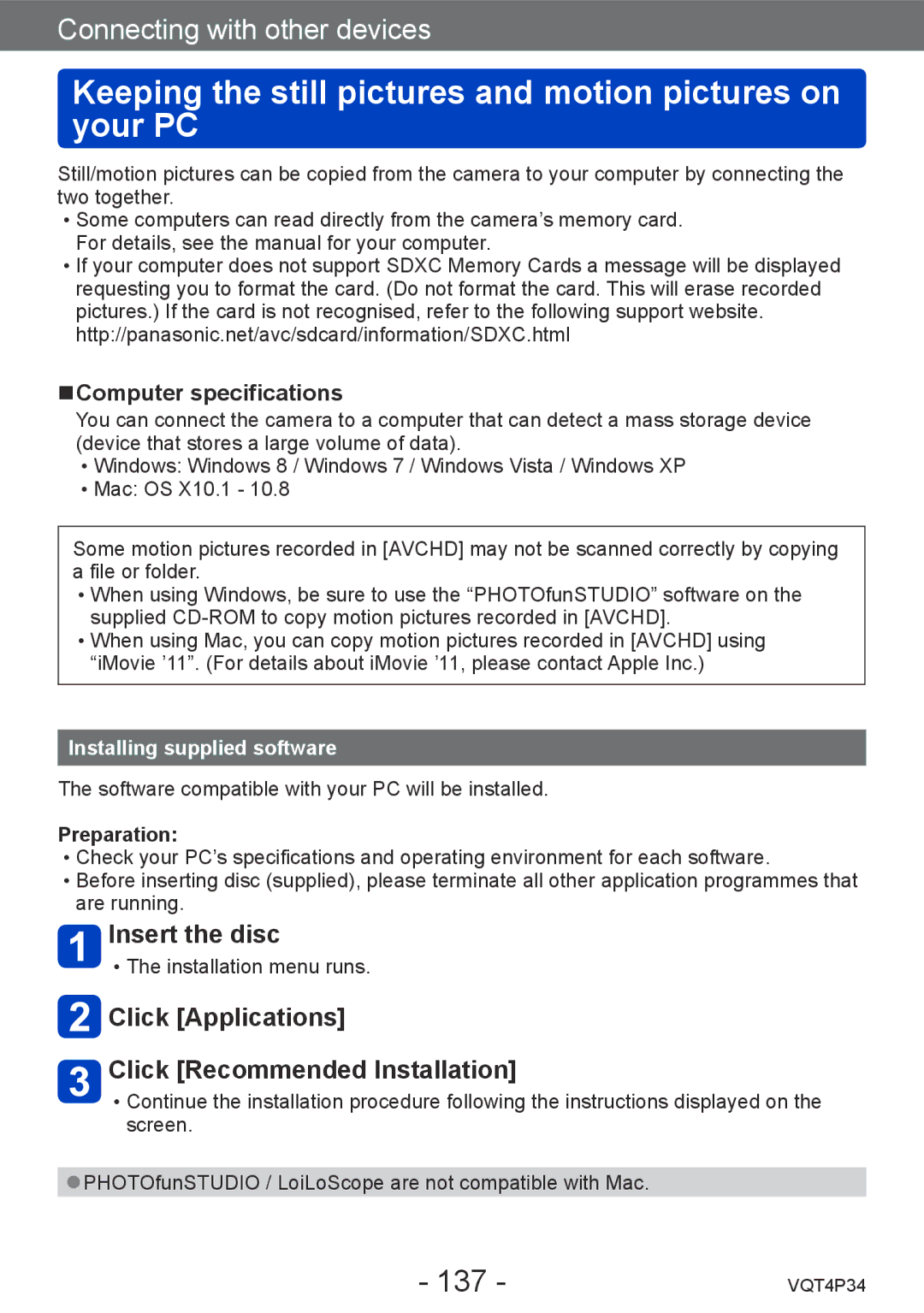 Panasonic DMC-TZ35 operating instructions Keeping the still pictures and motion pictures on your PC, 137, Insert the disc 