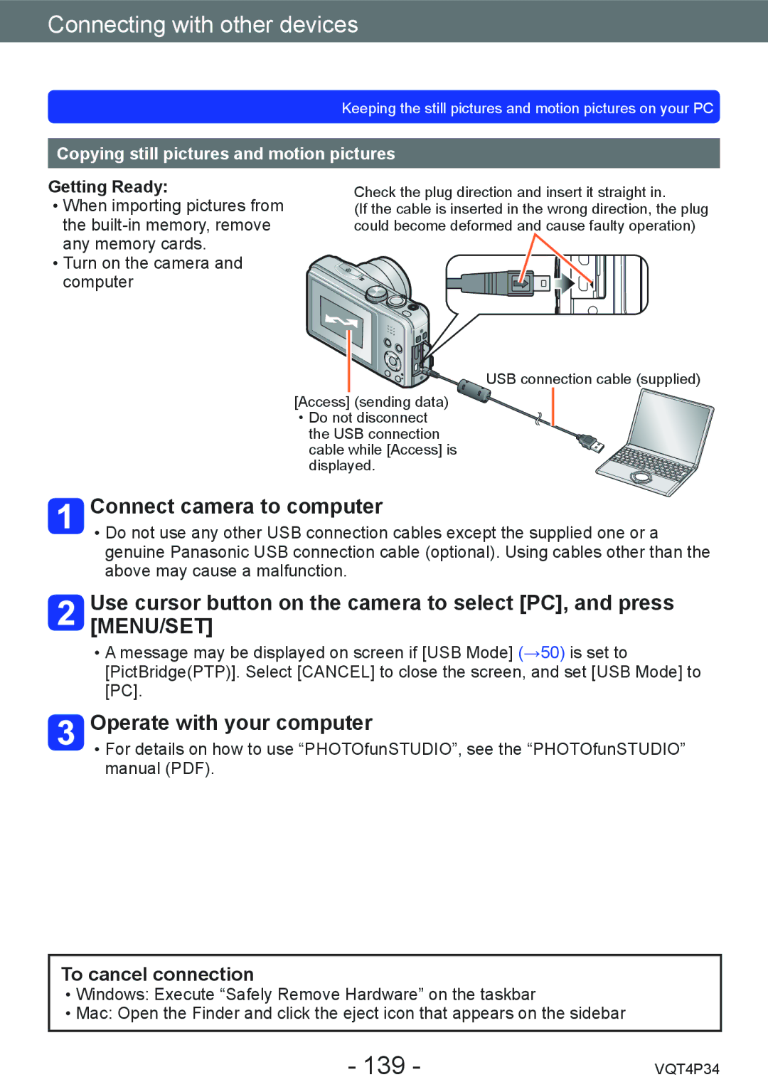 Panasonic DMC-TZ35 operating instructions 139, Connect camera to computer, Operate with your computer, To cancel connection 