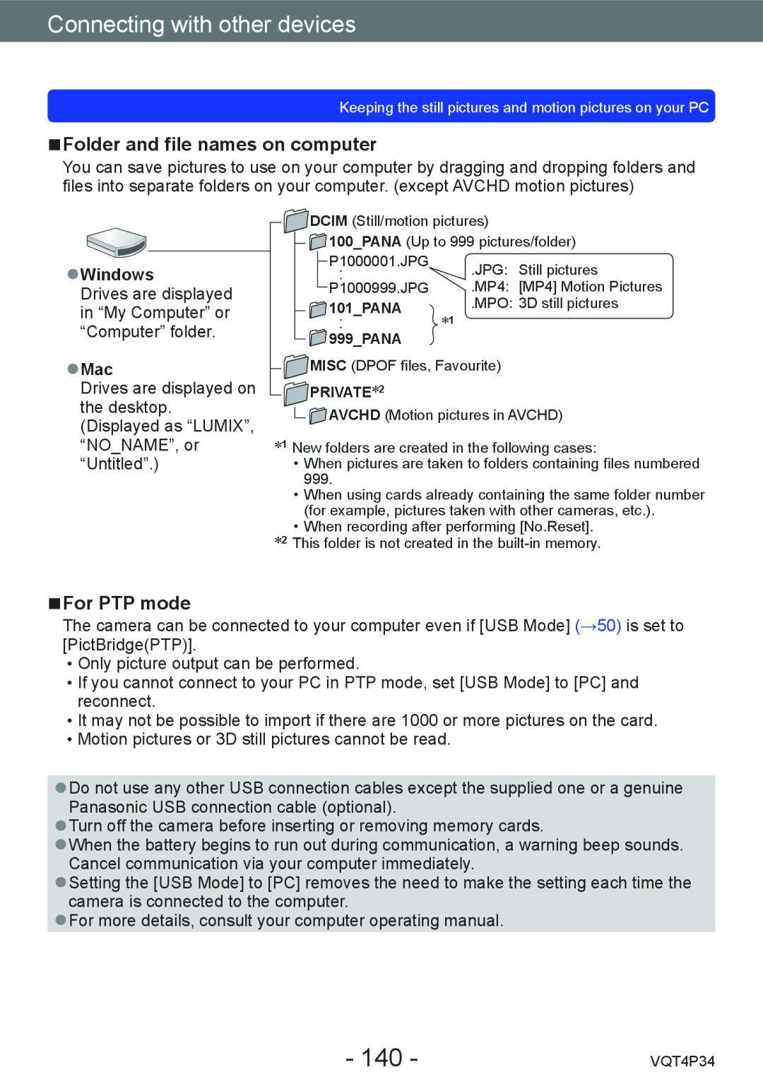 Panasonic DMC-TZ35 operating instructions 140, Folder and file names on computer, For PTP mode, Windows, Mac 