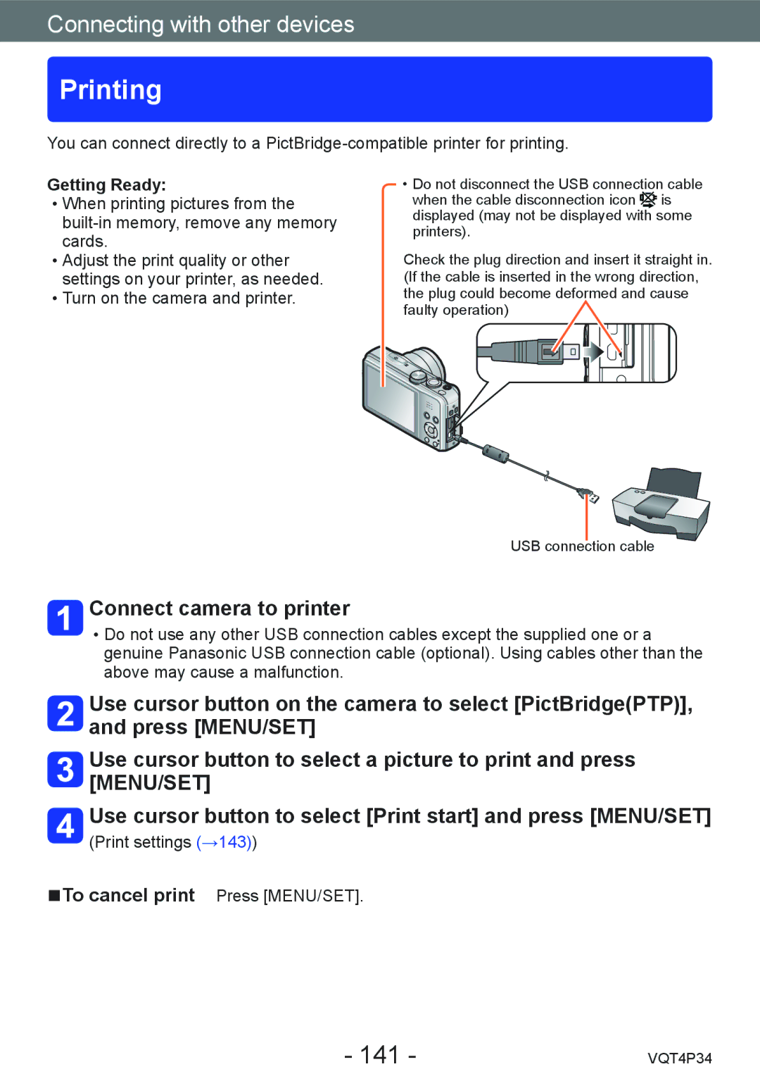 Panasonic DMC-TZ35 operating instructions Printing, 141, Connect camera to printer 