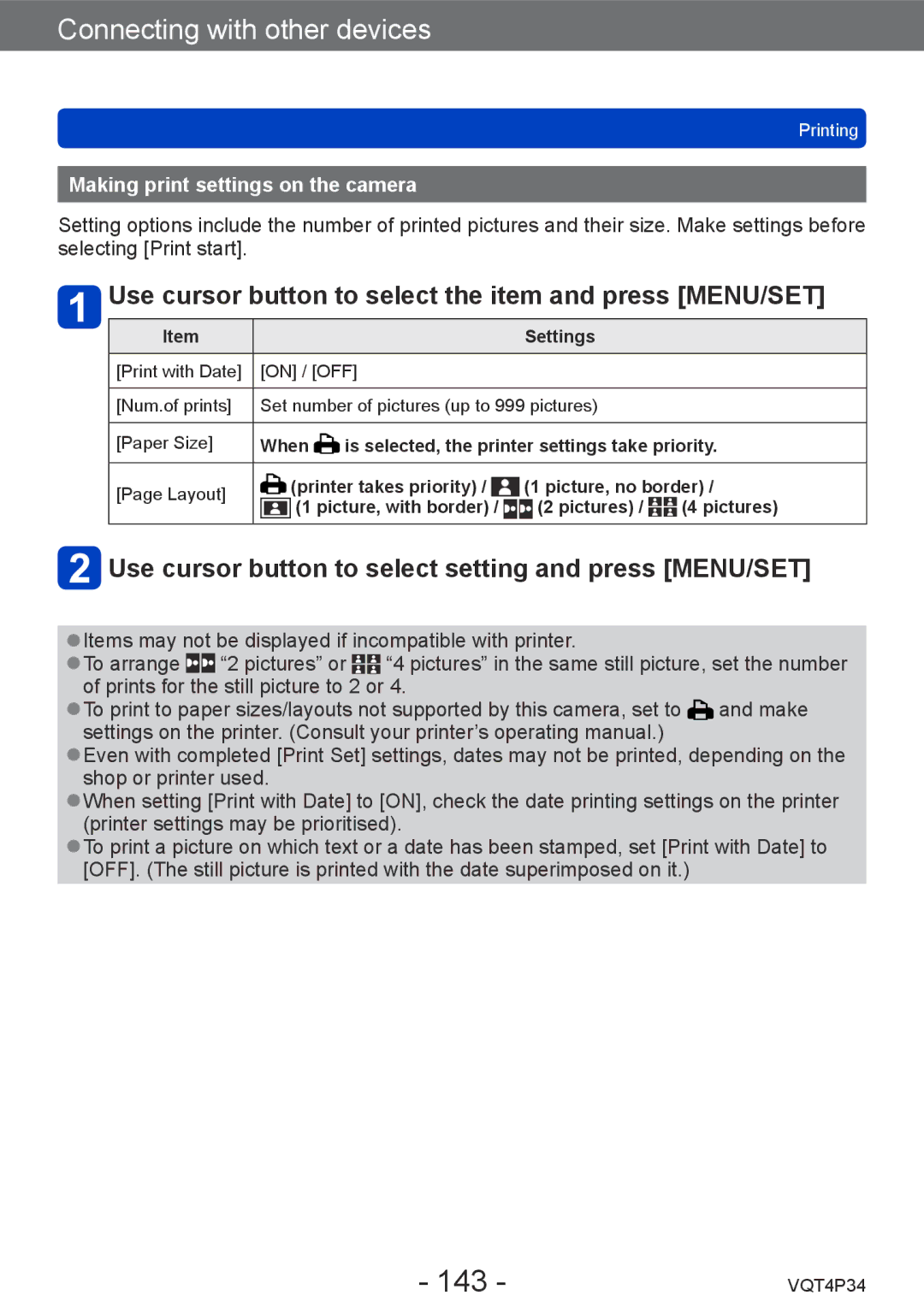 Panasonic DMC-TZ35 143, Use cursor button to select setting and press MENU/SET, Making print settings on the camera 