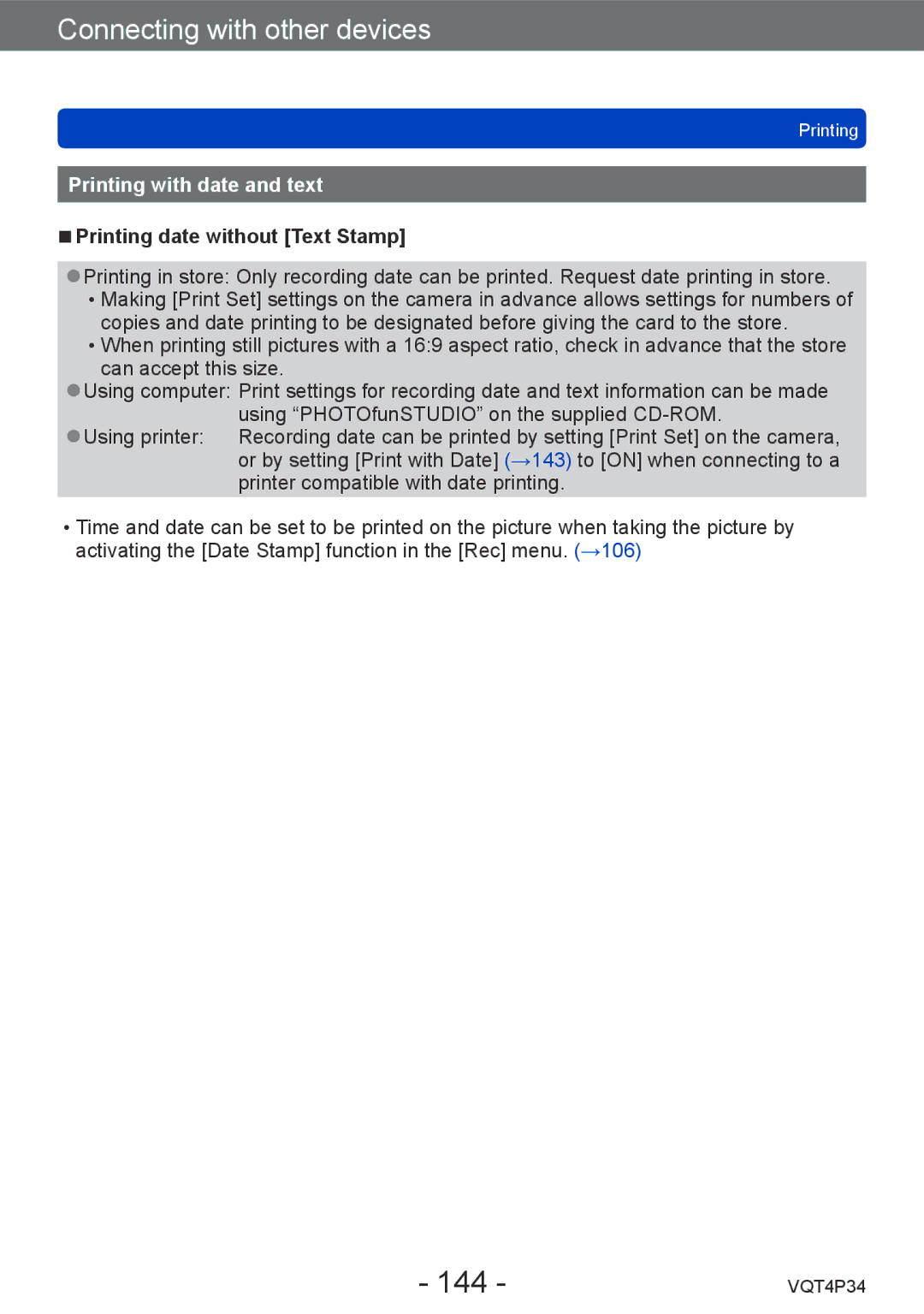 Panasonic DMC-TZ35 operating instructions 144, Printing with date and text, Printing date without Text Stamp 