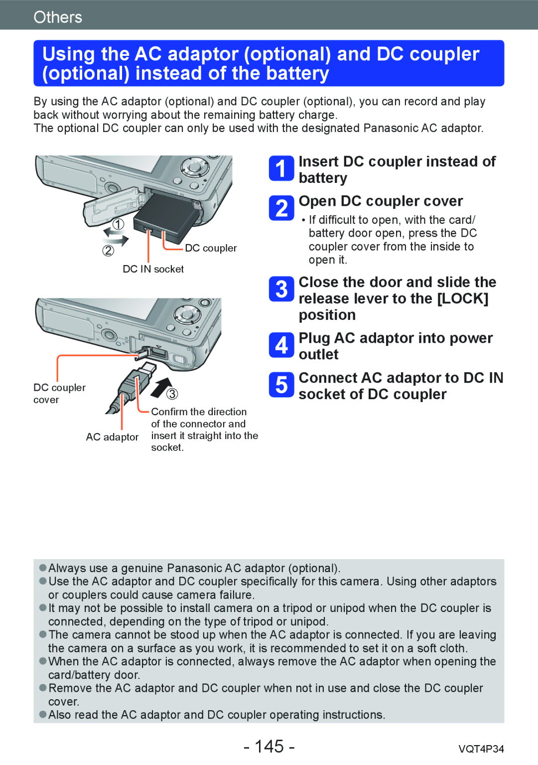 Panasonic DMC-TZ35 operating instructions 145, Insert DC coupler instead of battery Open DC coupler cover 