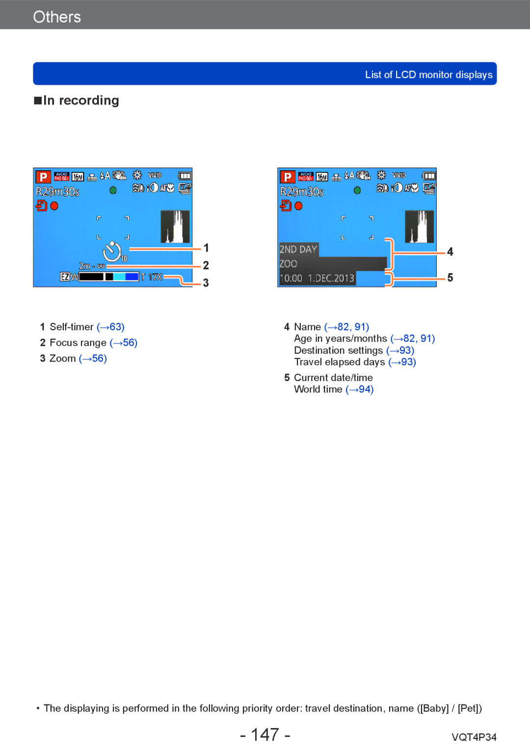 Panasonic DMC-TZ35 operating instructions 147, List of LCD monitor displays 