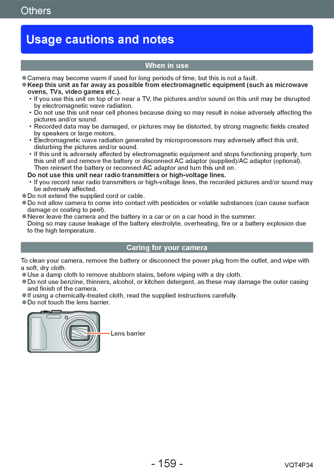 Panasonic DMC-TZ35 operating instructions Usage cautions and notes, 159, When in use, Caring for your camera 