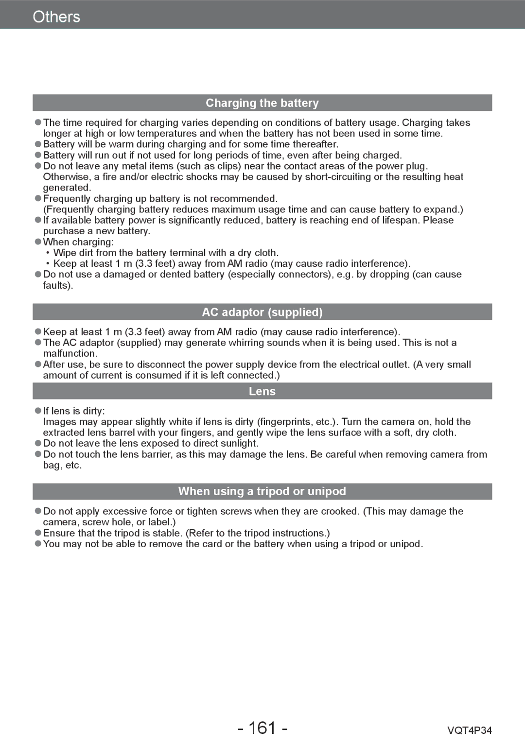 Panasonic DMC-TZ35 operating instructions 161, AC adaptor supplied, Lens, When using a tripod or unipod 