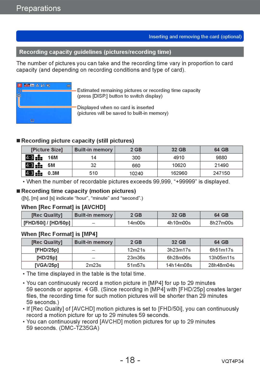 Panasonic DMC-TZ35 Recording capacity guidelines pictures/recording time, Recording picture capacity still pictures 