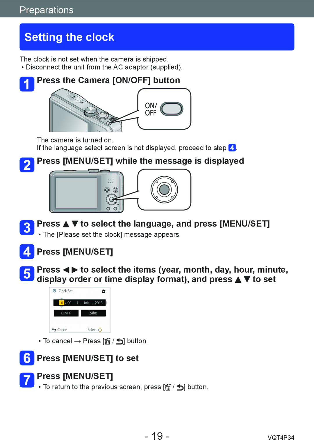 Panasonic DMC-TZ35 operating instructions Setting the clock, Press the Camera ON/OFF button, Press MENU/SET to set 