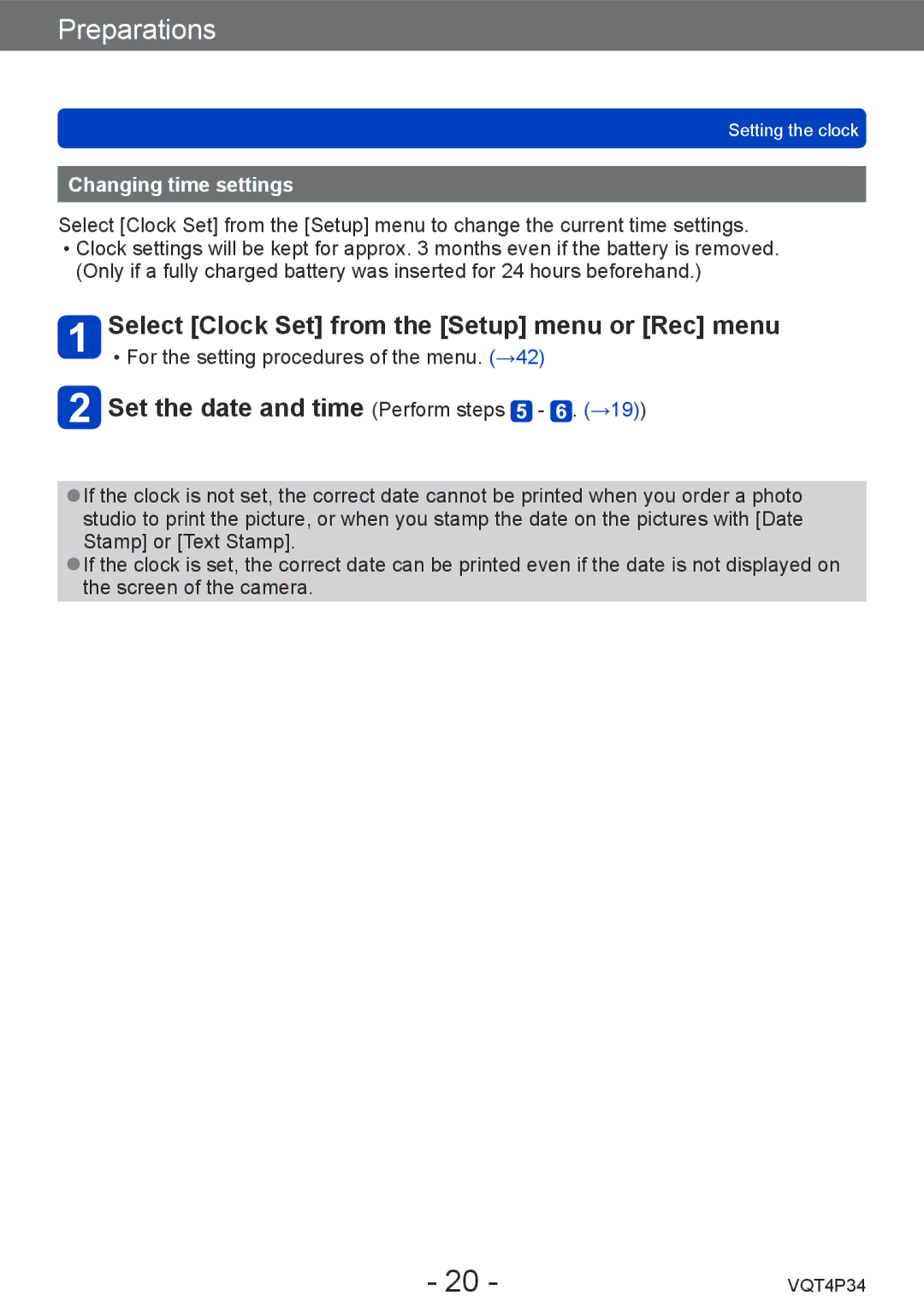 Panasonic DMC-TZ35 Select Clock Set from the Setup menu or Rec menu, Set the date and time Perform steps . →19 