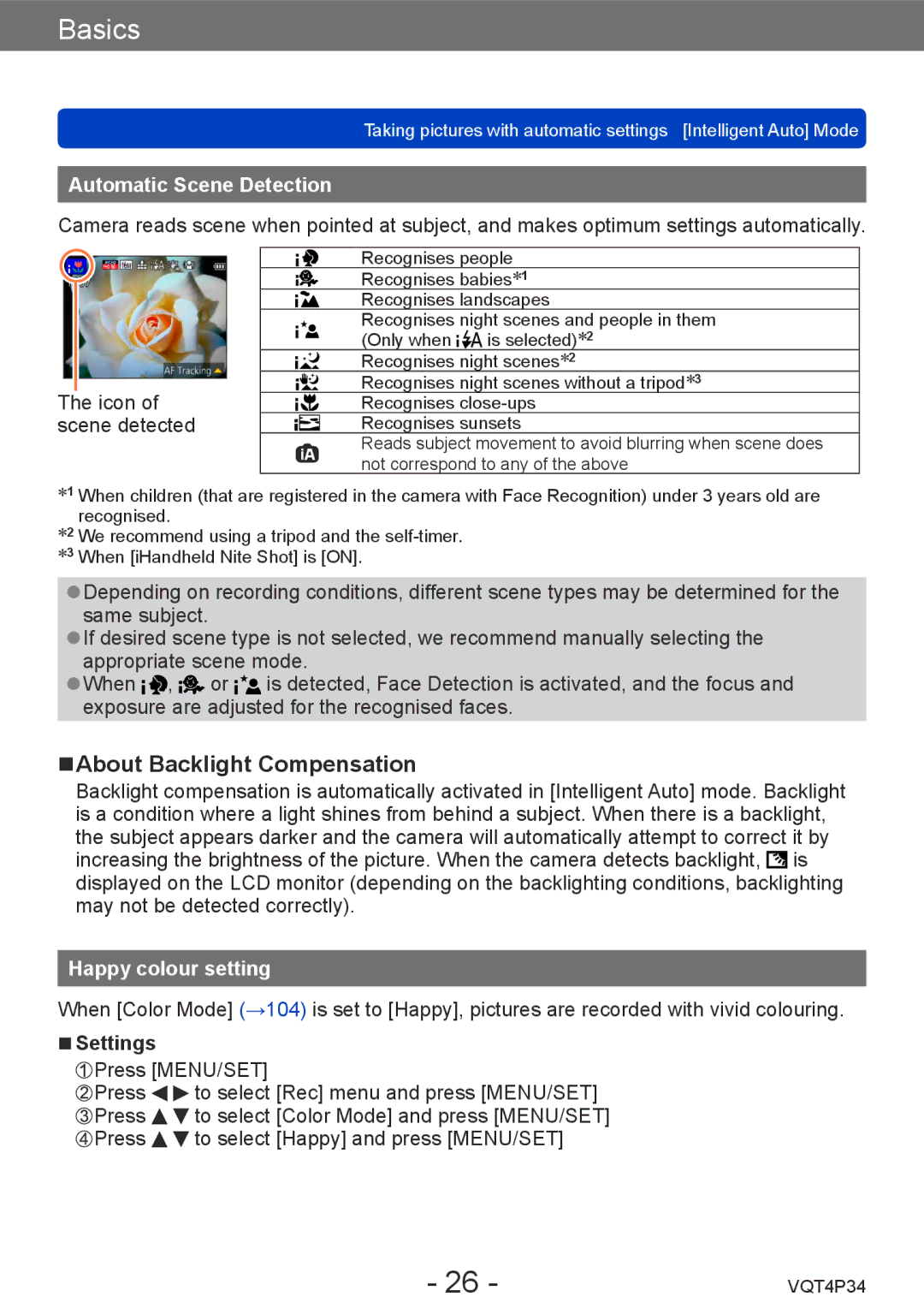 Panasonic DMC-TZ35 About Backlight Compensation, Automatic Scene Detection, Happy colour setting, Settings 