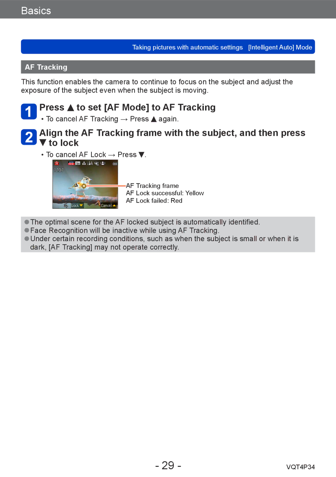 Panasonic DMC-TZ35 operating instructions Press to set AF Mode to AF Tracking 