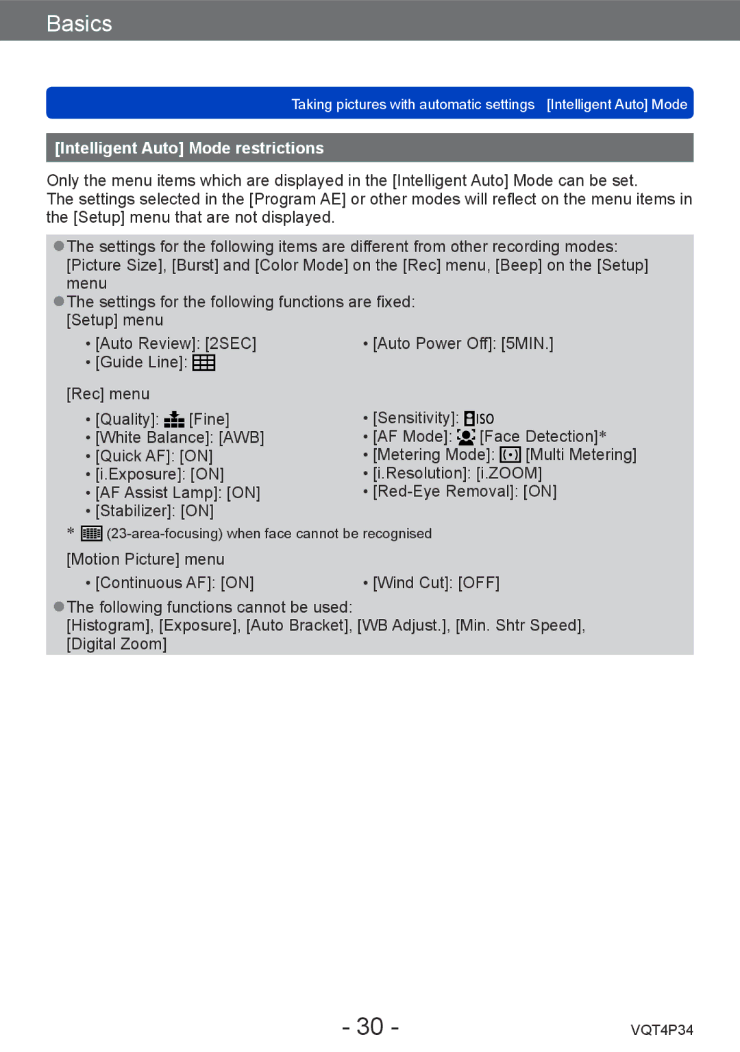 Panasonic DMC-TZ35 operating instructions Intelligent Auto Mode restrictions 