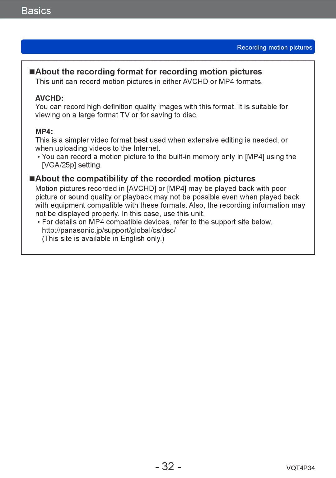 Panasonic DMC-TZ35 operating instructions About the recording format for recording motion pictures, MP4 