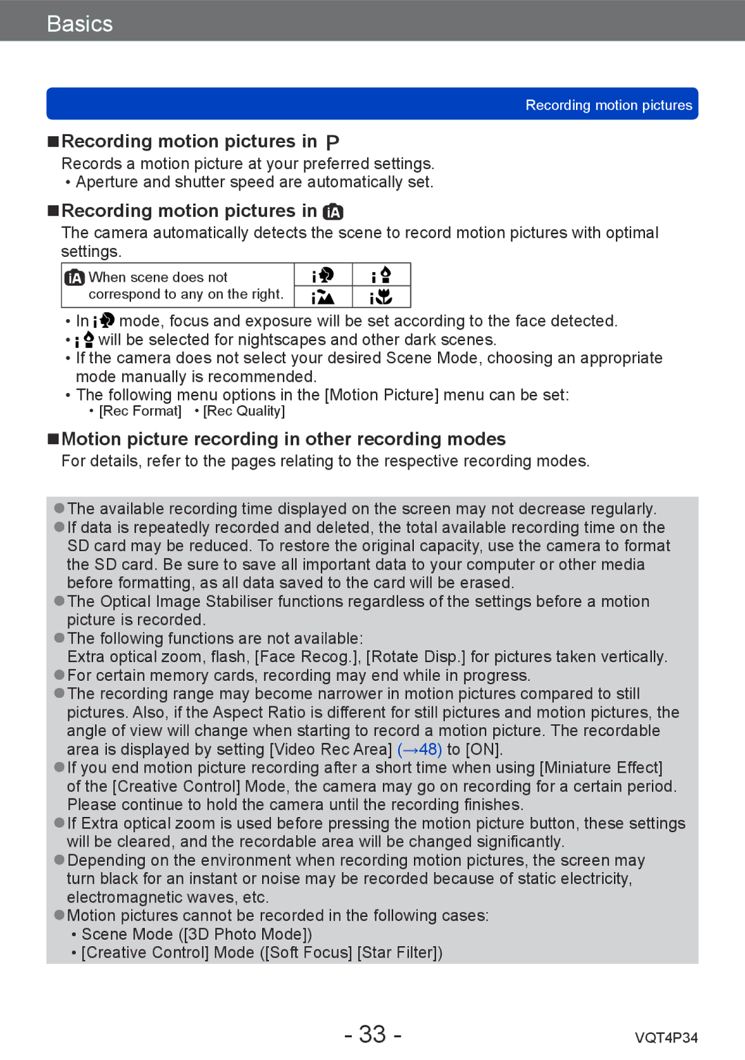 Panasonic DMC-TZ35 operating instructions Recording motion pictures, Motion picture recording in other recording modes 