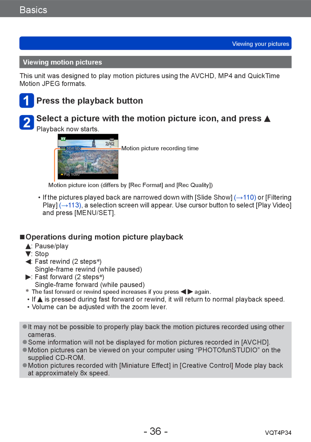 Panasonic DMC-TZ35 operating instructions Operations during motion picture playback, Viewing motion pictures 