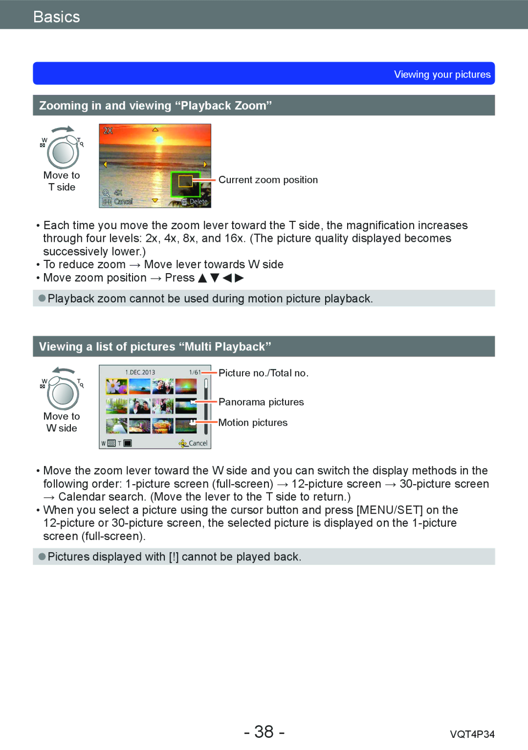 Panasonic DMC-TZ35 operating instructions Zooming in and viewing Playback Zoom, Viewing a list of pictures Multi Playback 