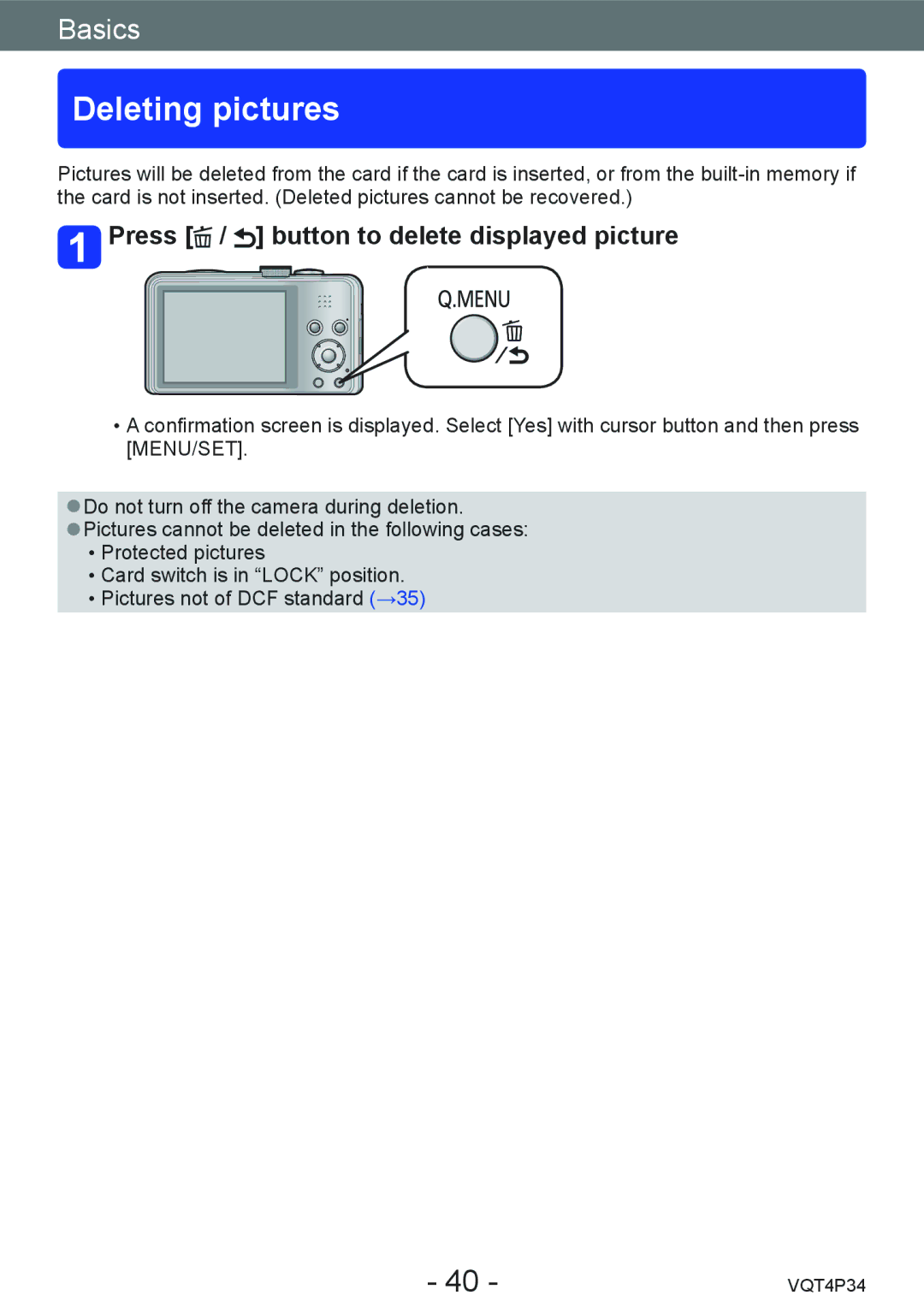 Panasonic DMC-TZ35 operating instructions Deleting pictures, Press / button to delete displayed picture 