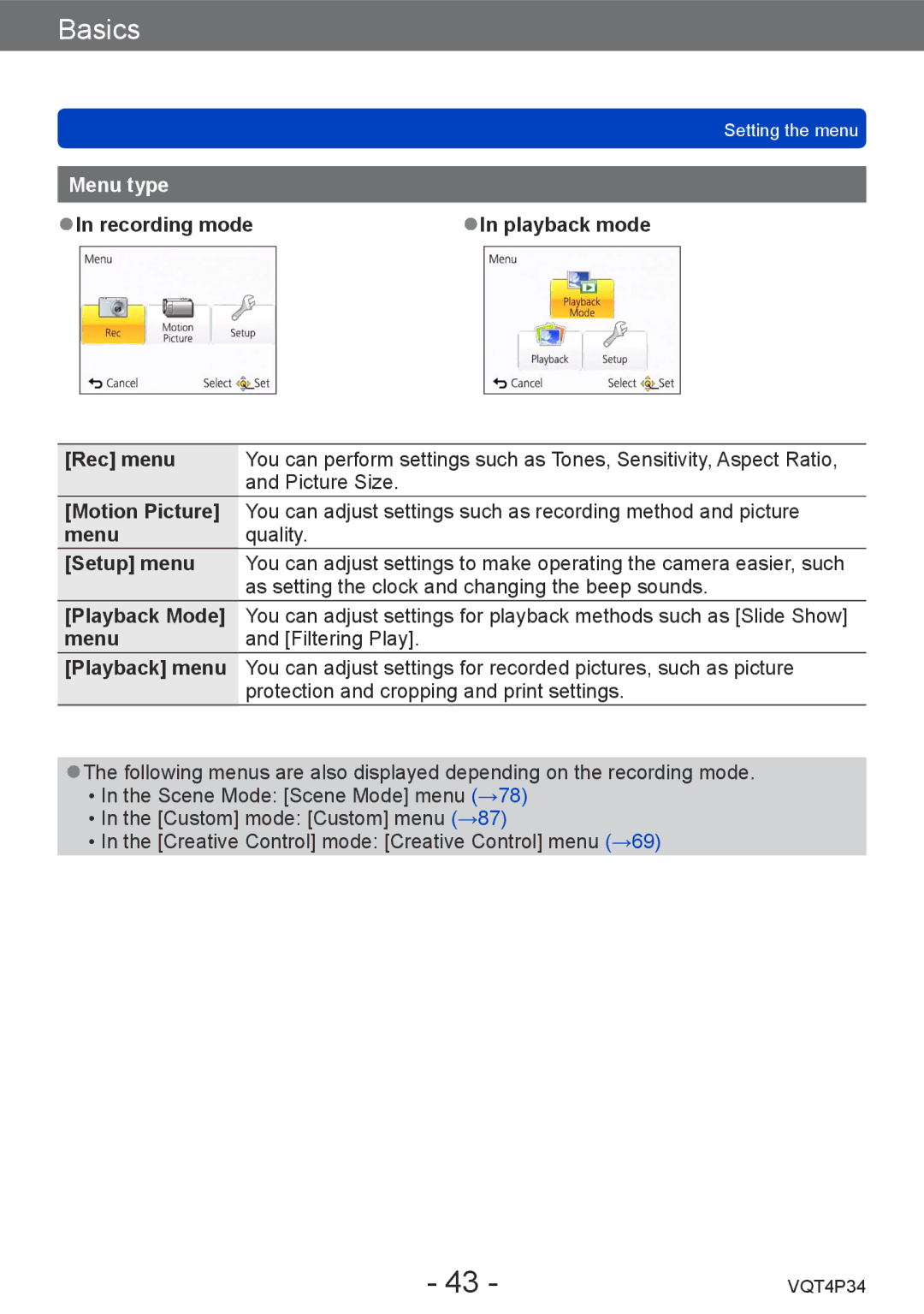 Panasonic DMC-TZ35 operating instructions Menu type 