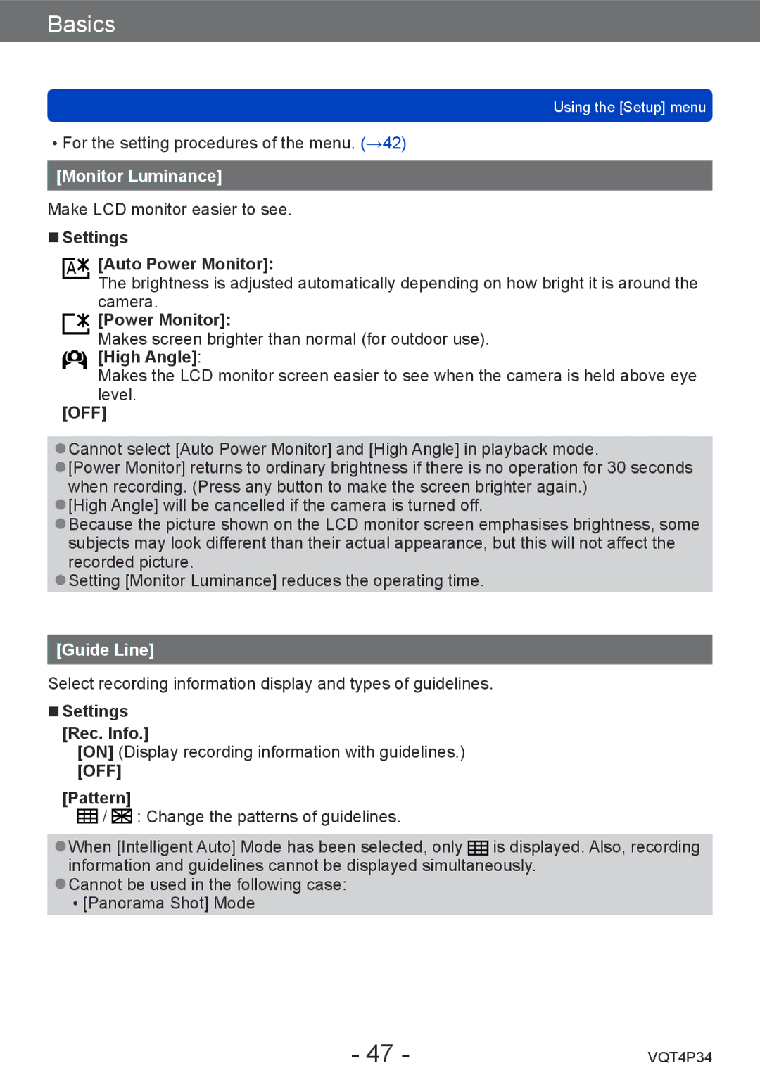 Panasonic DMC-TZ35 operating instructions Monitor Luminance, Guide Line 