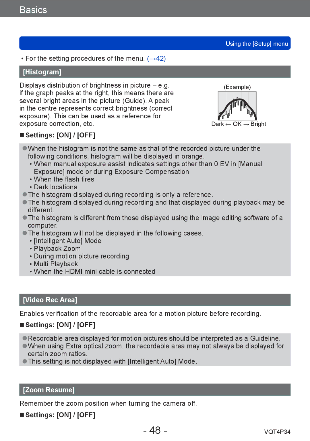 Panasonic DMC-TZ35 operating instructions Histogram, Settings on / OFF, Video Rec Area, Zoom Resume 