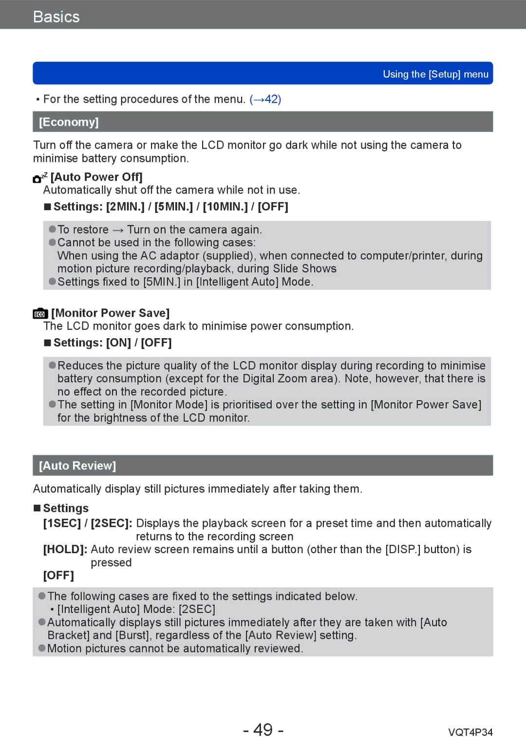 Panasonic DMC-TZ35 Economy, Auto Power Off, Settings 2MIN. / 5MIN. / 10MIN. / OFF, Monitor Power Save, Auto Review 