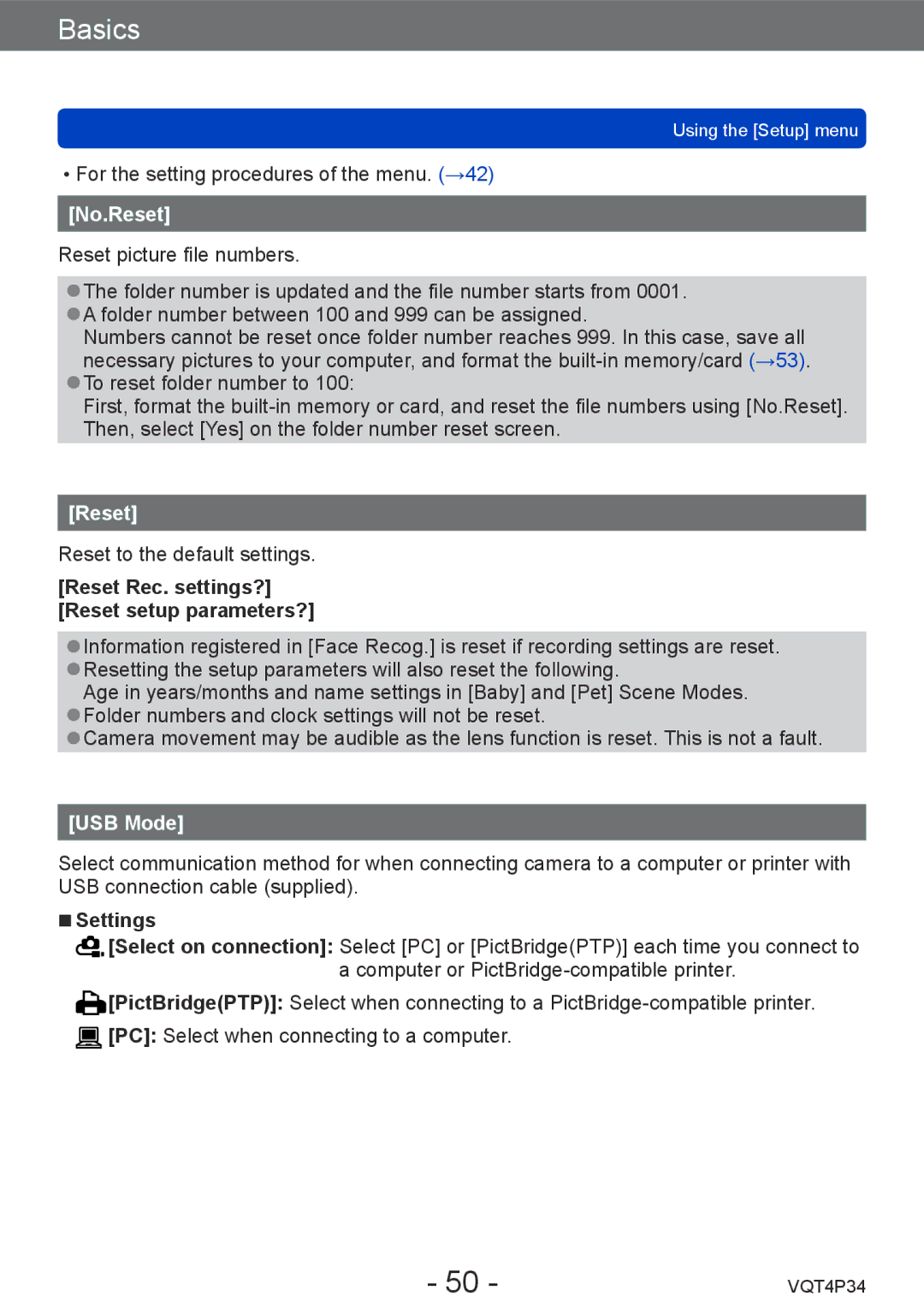 Panasonic DMC-TZ35 operating instructions No.Reset, USB Mode, Reset Rec. settings? Reset setup parameters? 