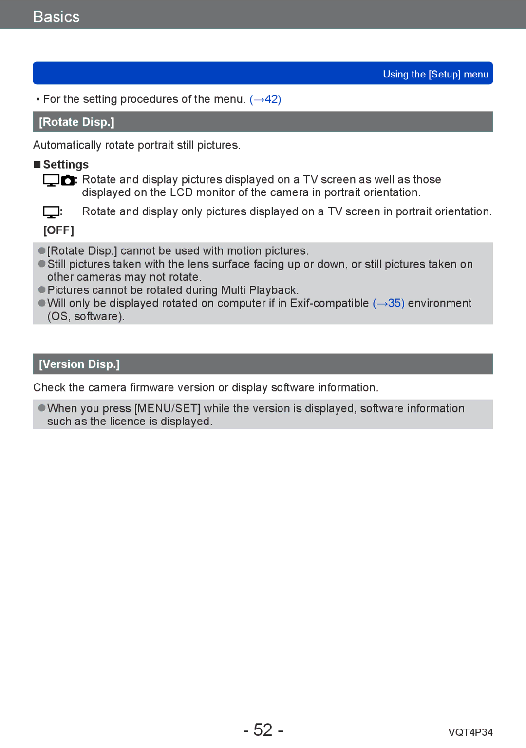 Panasonic DMC-TZ35 operating instructions Rotate Disp, Version Disp 