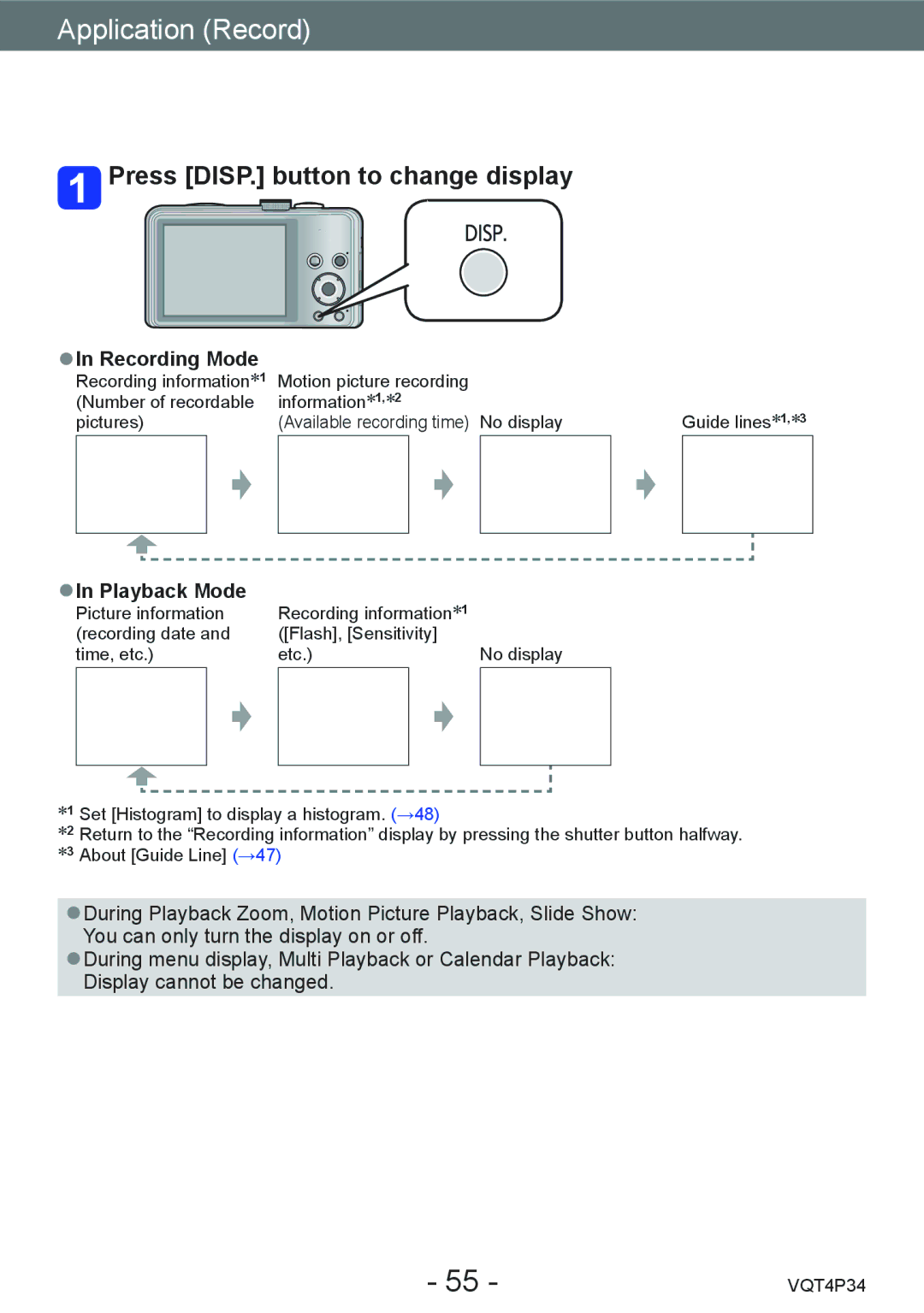 Panasonic DMC-TZ35 operating instructions Changing recording information display, Press DISP. button to change display 