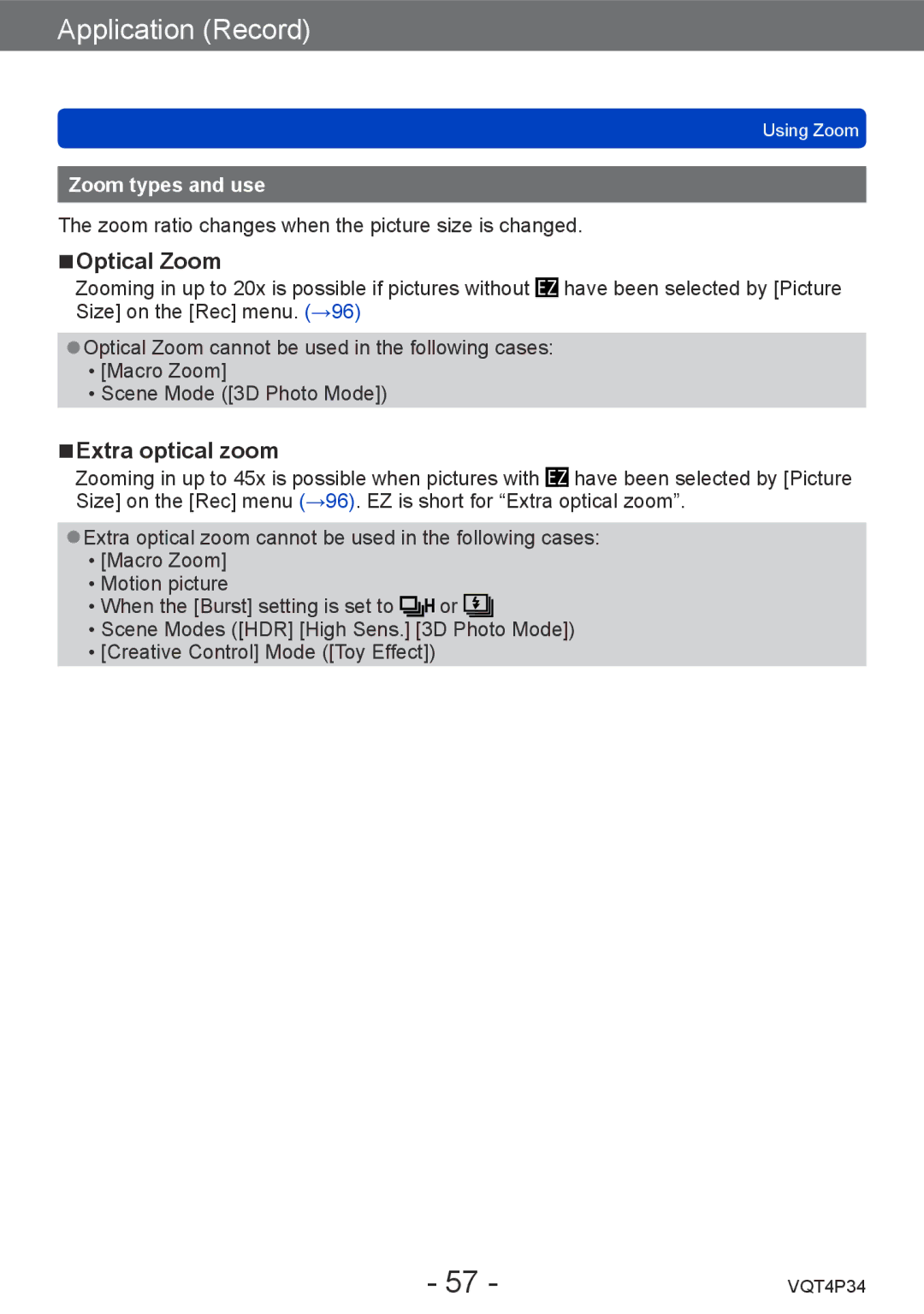 Panasonic DMC-TZ35 operating instructions Optical Zoom, Extra optical zoom, Zoom types and use 