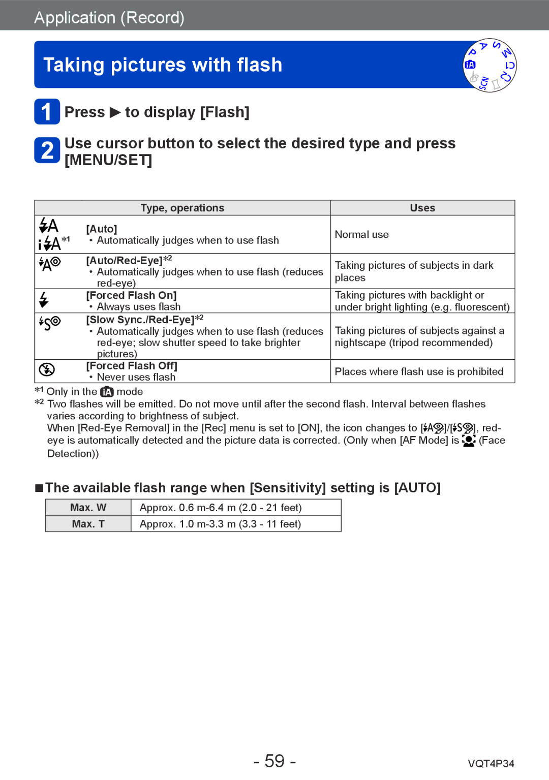 Panasonic DMC-TZ35 Taking pictures with flash, Available flash range when Sensitivity setting is Auto 