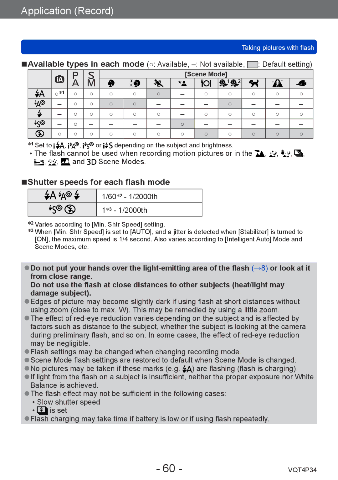 Panasonic DMC-TZ35 operating instructions Shutter speeds for each flash mode, 60∗2 1/2000th ∗3 1/2000th 