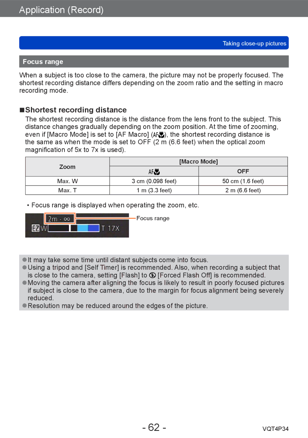 Panasonic DMC-TZ35 operating instructions Shortest recording distance, Focus range 